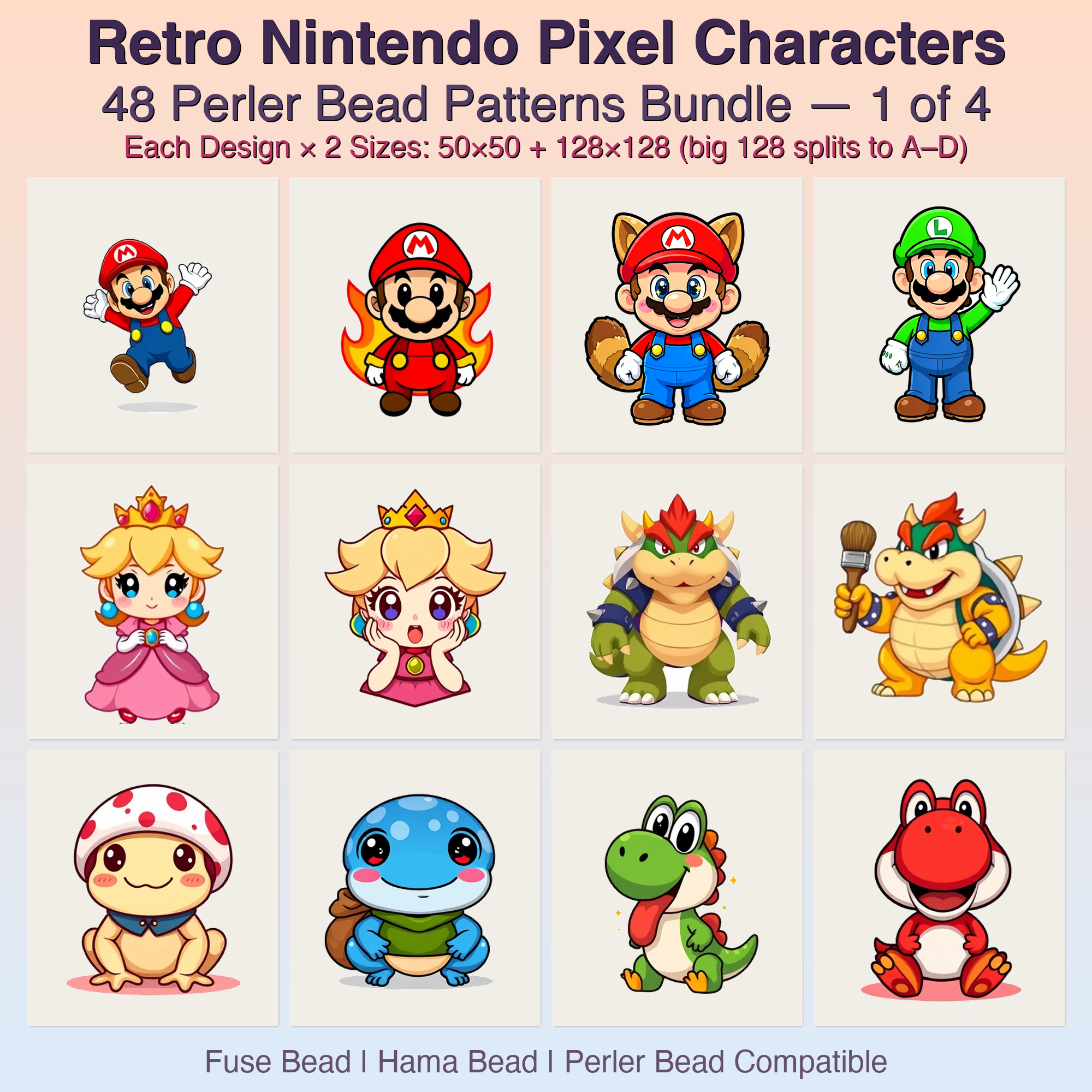 Retro Nintendo Pixel Characters Perler Bead Patterns, 48 Designs x 2 Grid Sizes (50x50 + 128x128), Fuse Bead PDF Digital Download