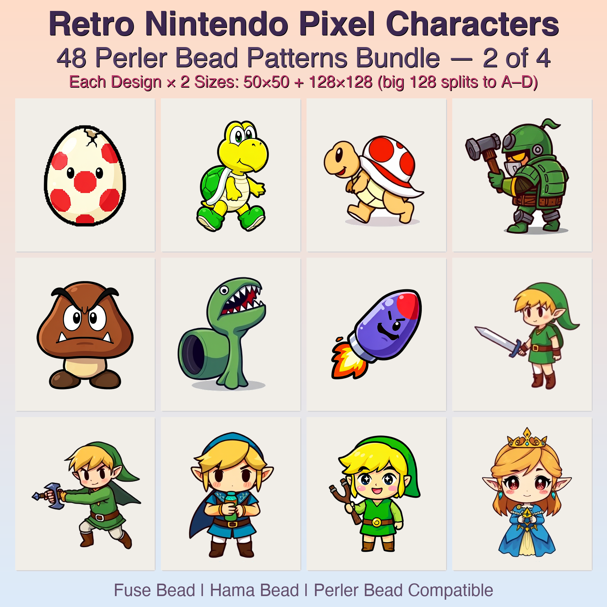 Retro Nintendo Pixel Characters Perler Bead Patterns, 48 Designs x 2 Grid Sizes (50x50 + 128x128), Fuse Bead PDF Digital Download