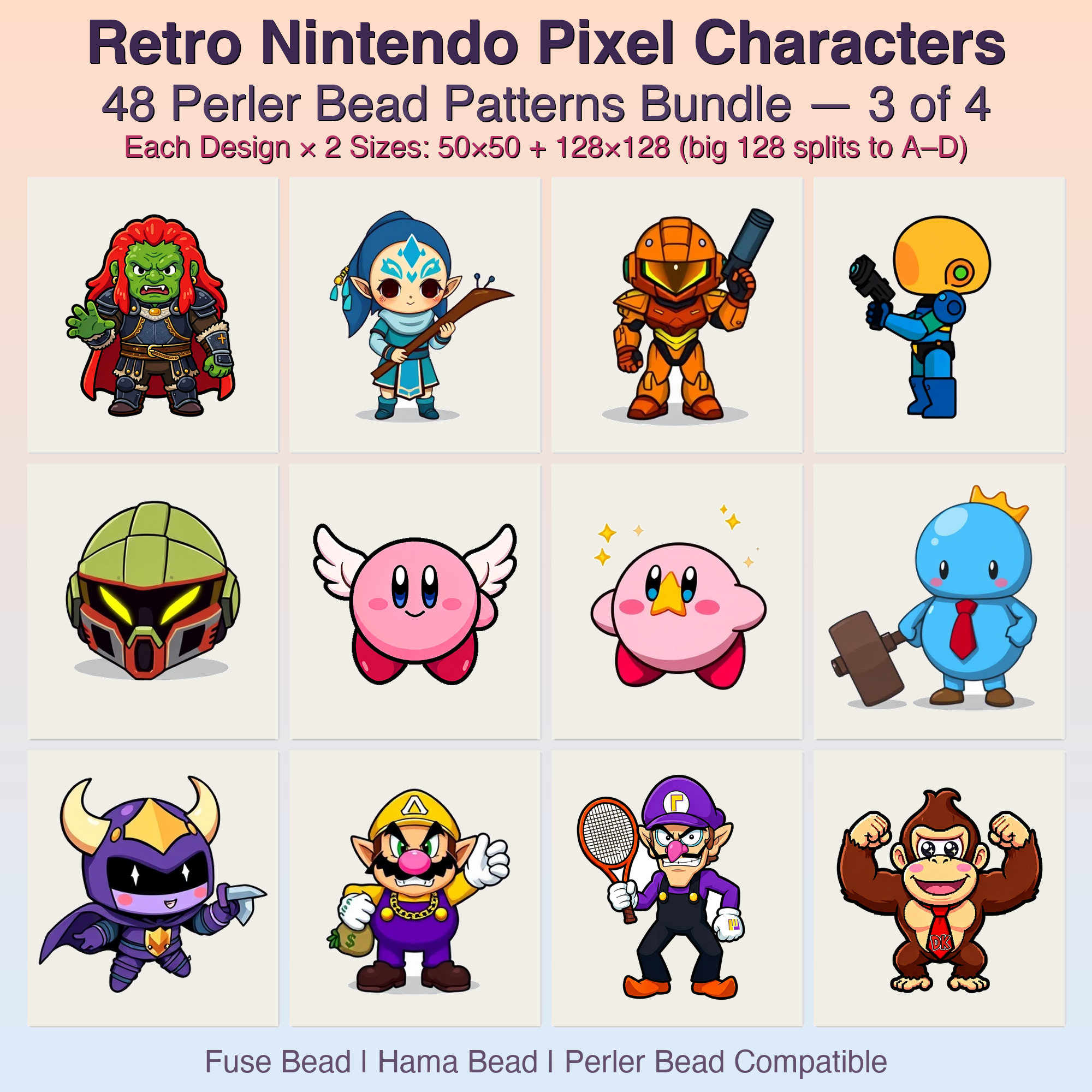 Retro Nintendo Pixel Characters Perler Bead Patterns, 48 Designs x 2 Grid Sizes (50x50 + 128x128), Fuse Bead PDF Digital Download