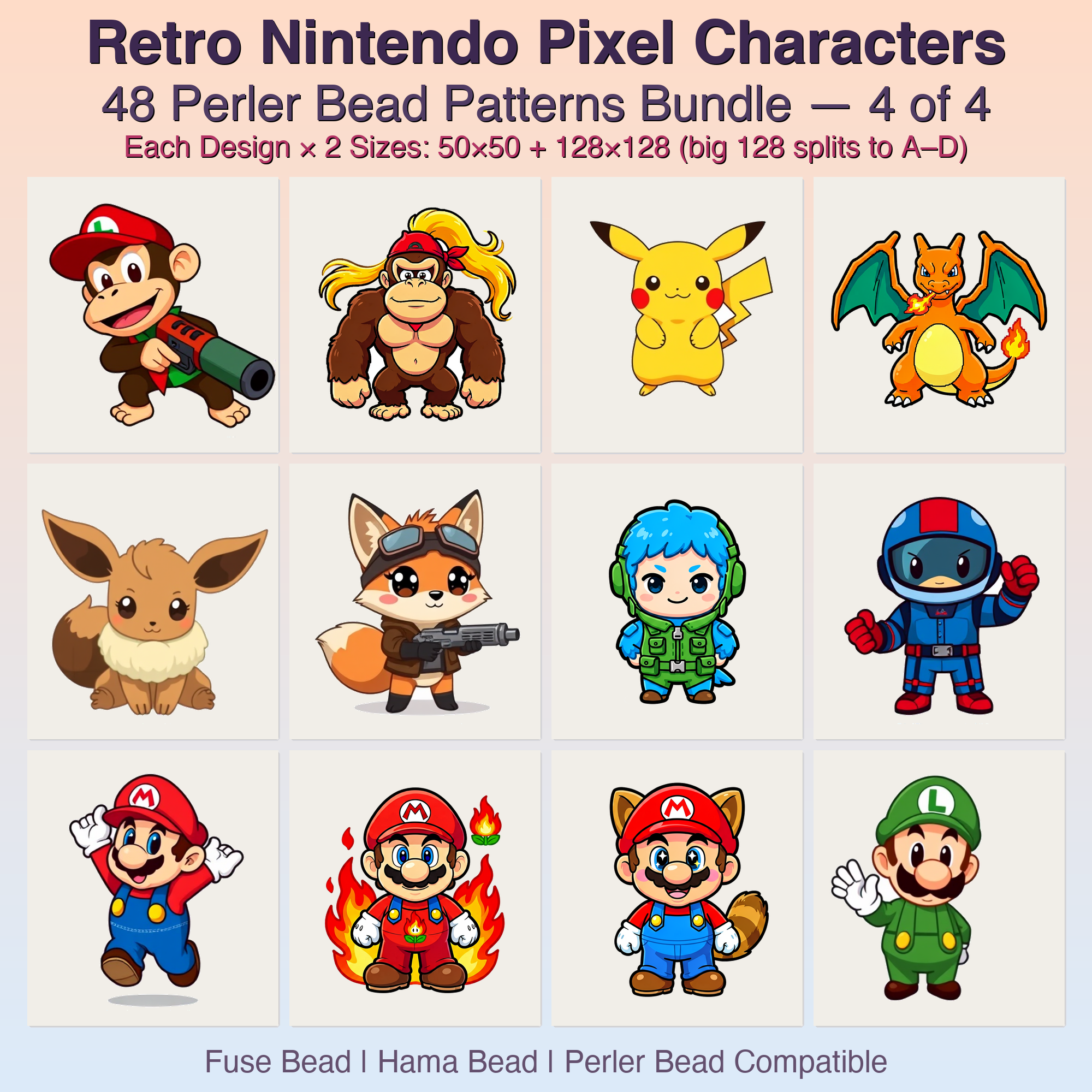 Retro Nintendo Pixel Characters Perler Bead Patterns, 48 Designs x 2 Grid Sizes (50x50 + 128x128), Fuse Bead PDF Digital Download