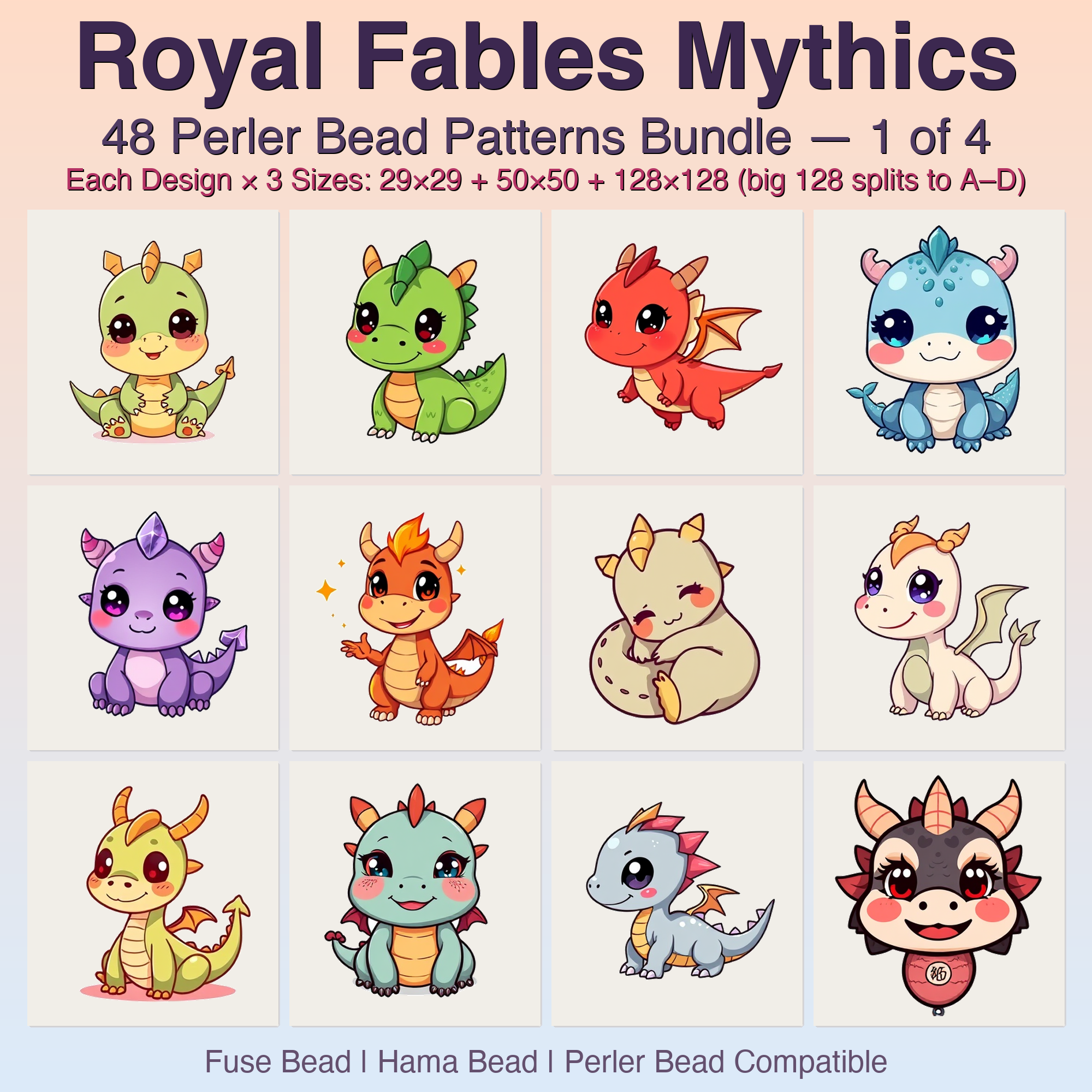 Royal Fables Mythics Perler Bead Patterns, 48 Designs x 3 Grid Sizes (29x29 + 50x50 + 128x128), Fuse Bead PDF Digital Download