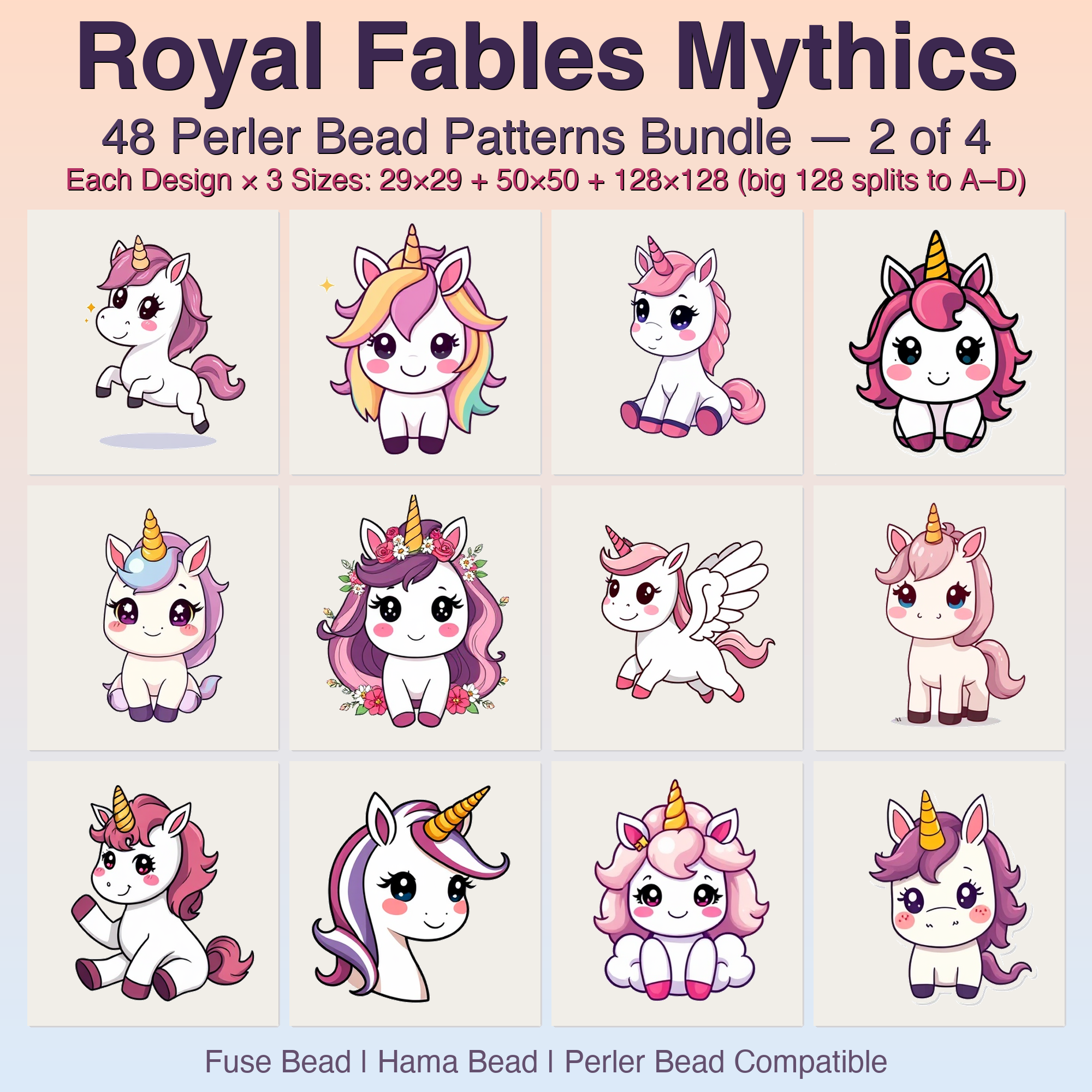 Royal Fables Mythics Perler Bead Patterns, 48 Designs x 3 Grid Sizes (29x29 + 50x50 + 128x128), Fuse Bead PDF Digital Download