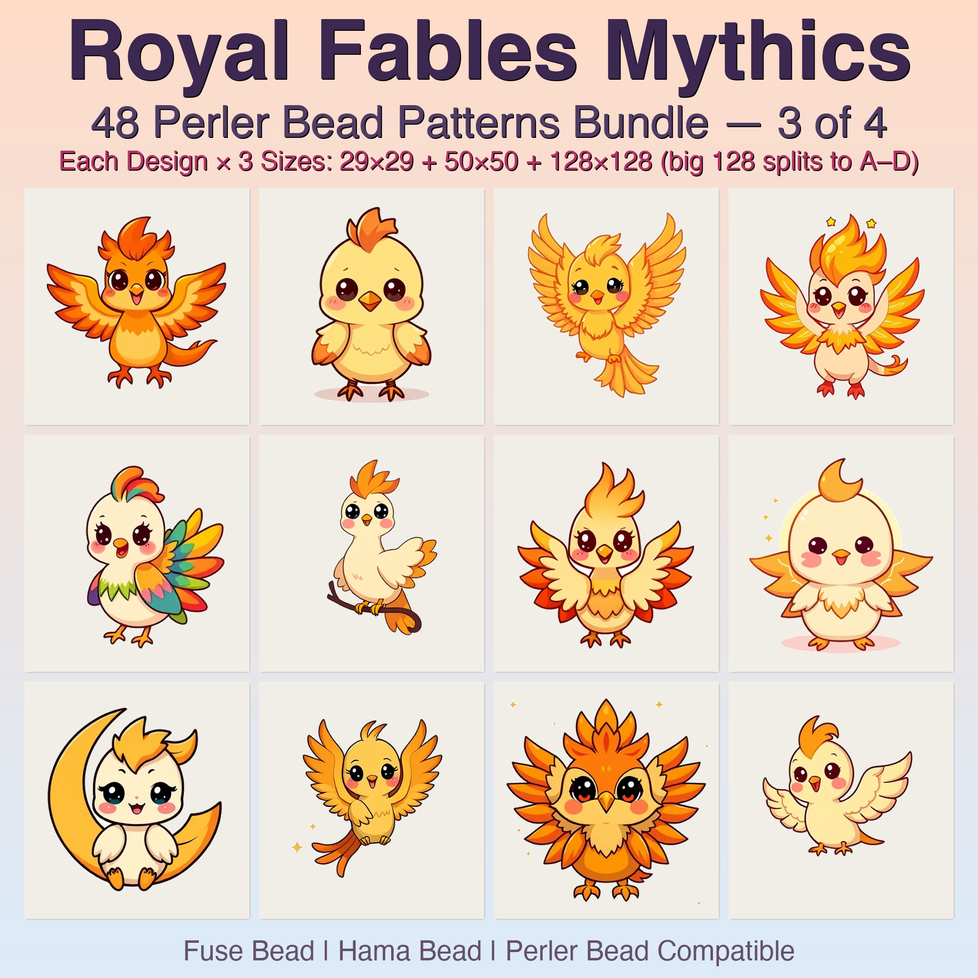 Royal Fables Mythics Perler Bead Patterns, 48 Designs x 3 Grid Sizes (29x29 + 50x50 + 128x128), Fuse Bead PDF Digital Download