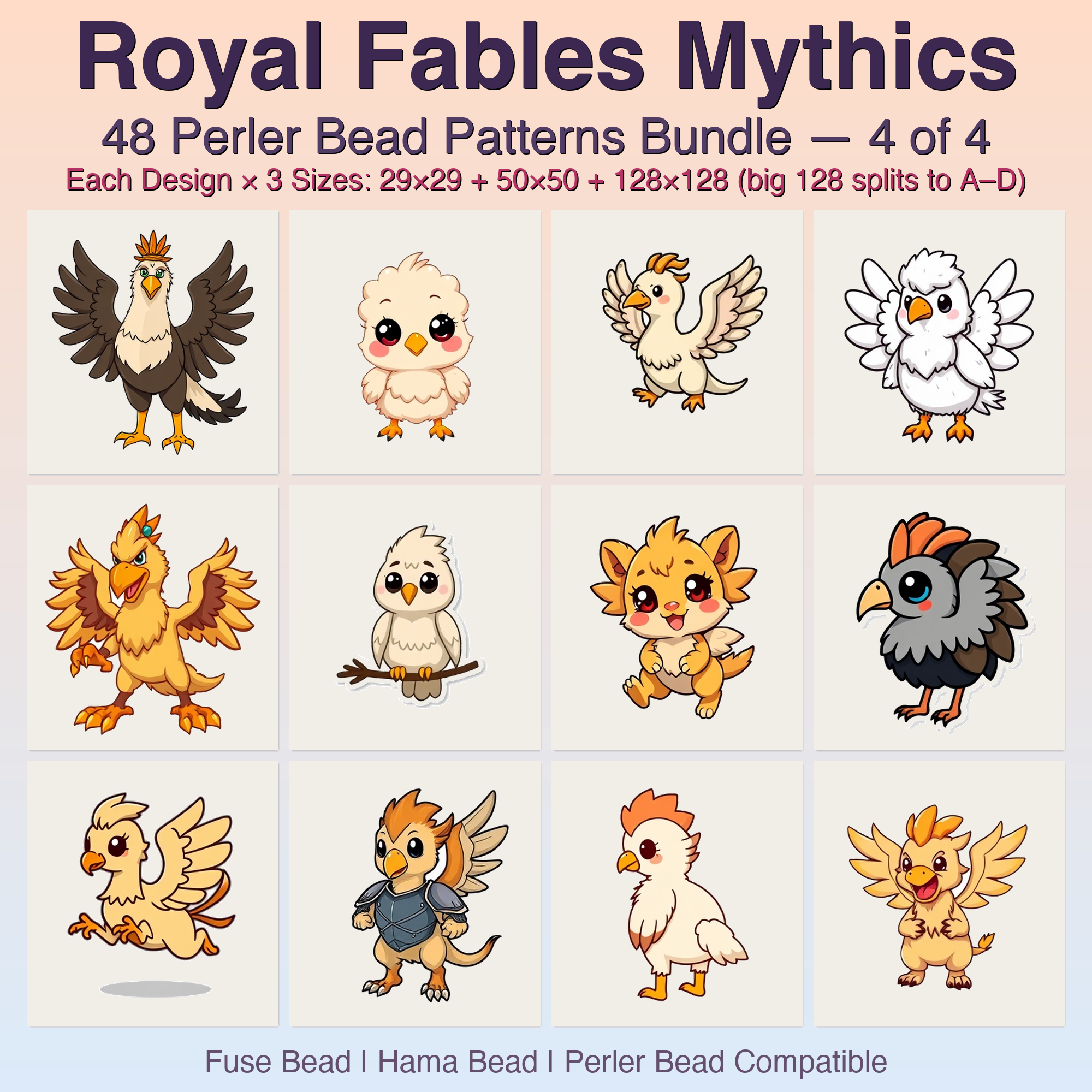Royal Fables Mythics Perler Bead Patterns, 48 Designs x 3 Grid Sizes (29x29 + 50x50 + 128x128), Fuse Bead PDF Digital Download