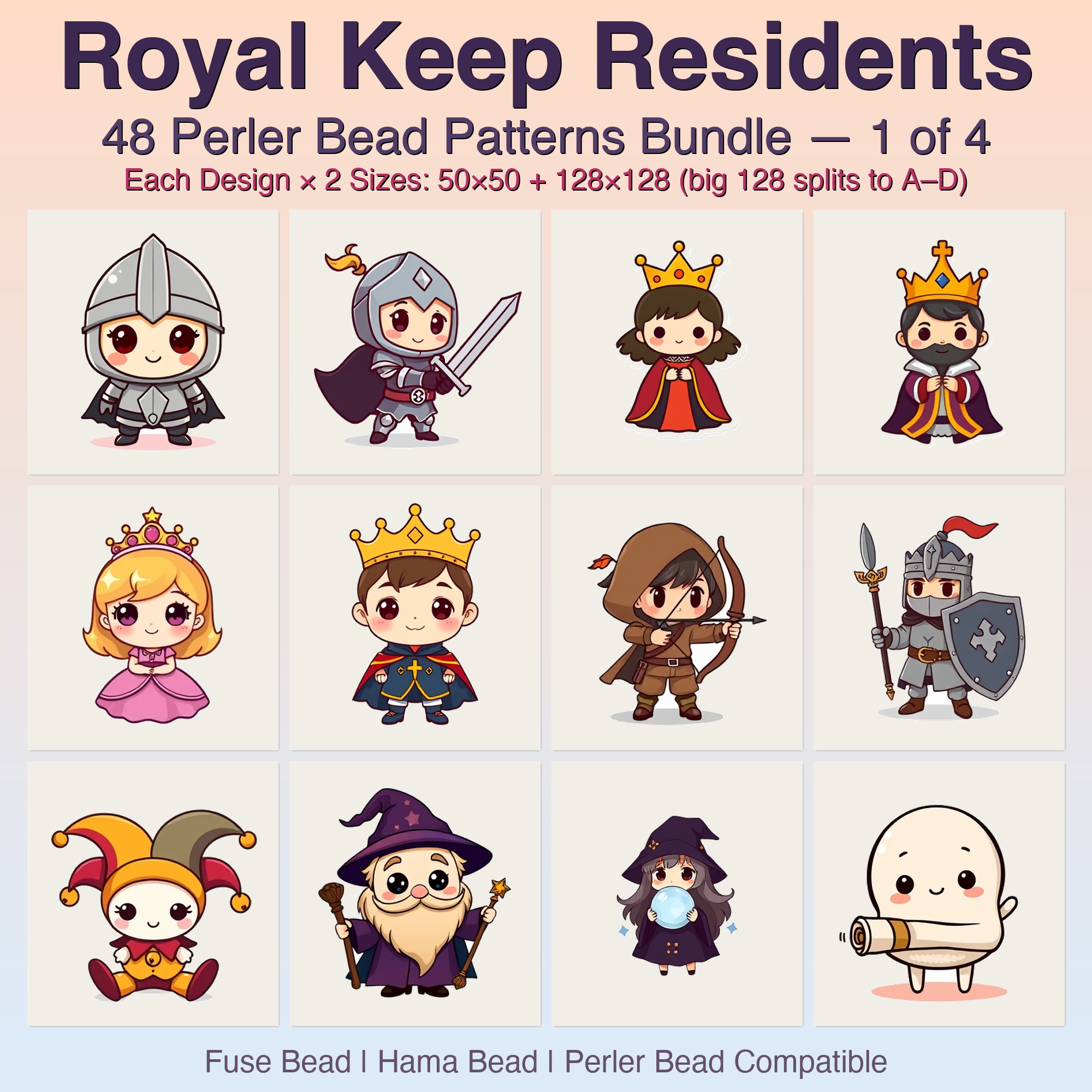 Royal Keep Residents Perler Bead Patterns, 48 Designs x 2 Grid Sizes (50x50 + 128x128), Fuse Bead PDF Digital Download