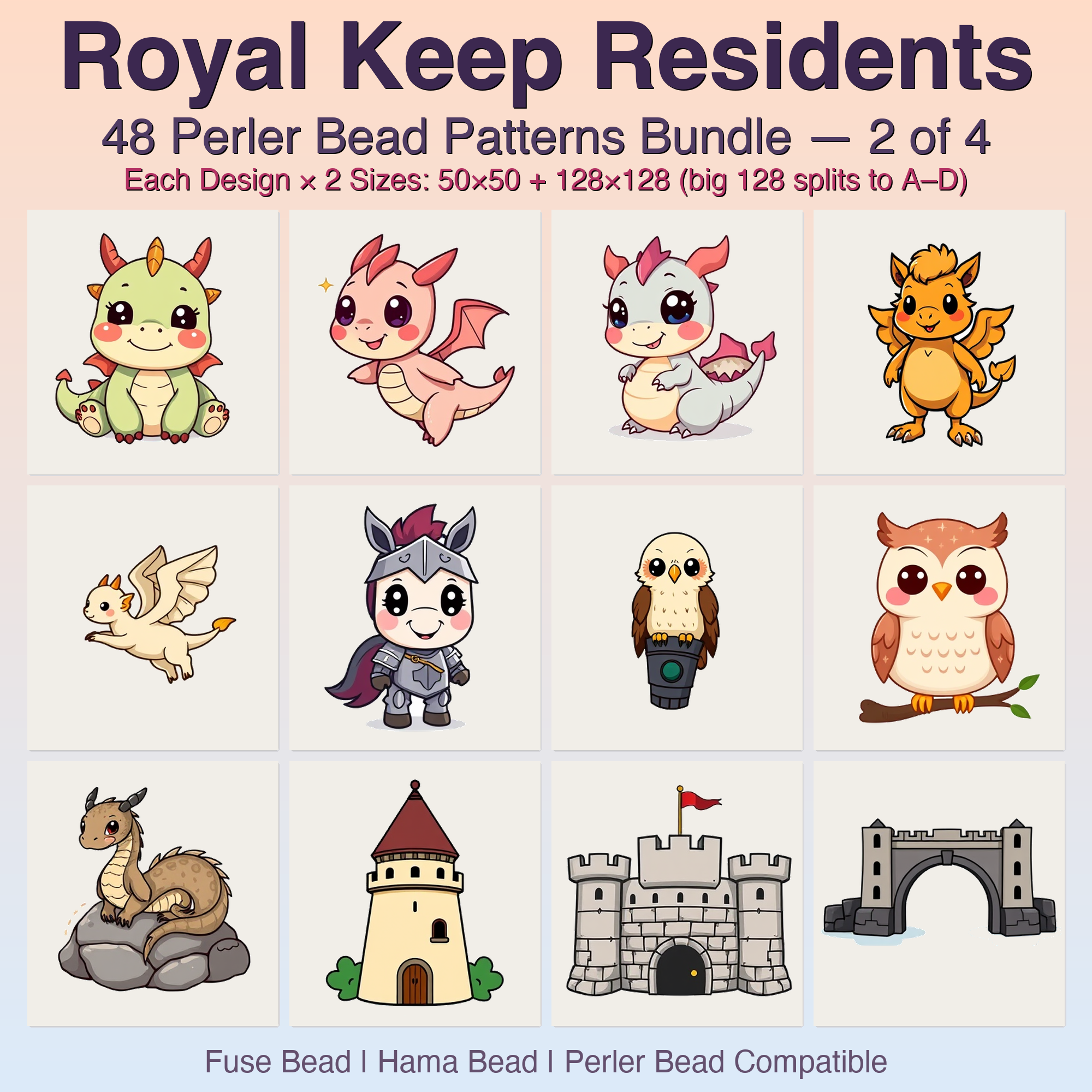 Royal Keep Residents Perler Bead Patterns, 48 Designs x 2 Grid Sizes (50x50 + 128x128), Fuse Bead PDF Digital Download