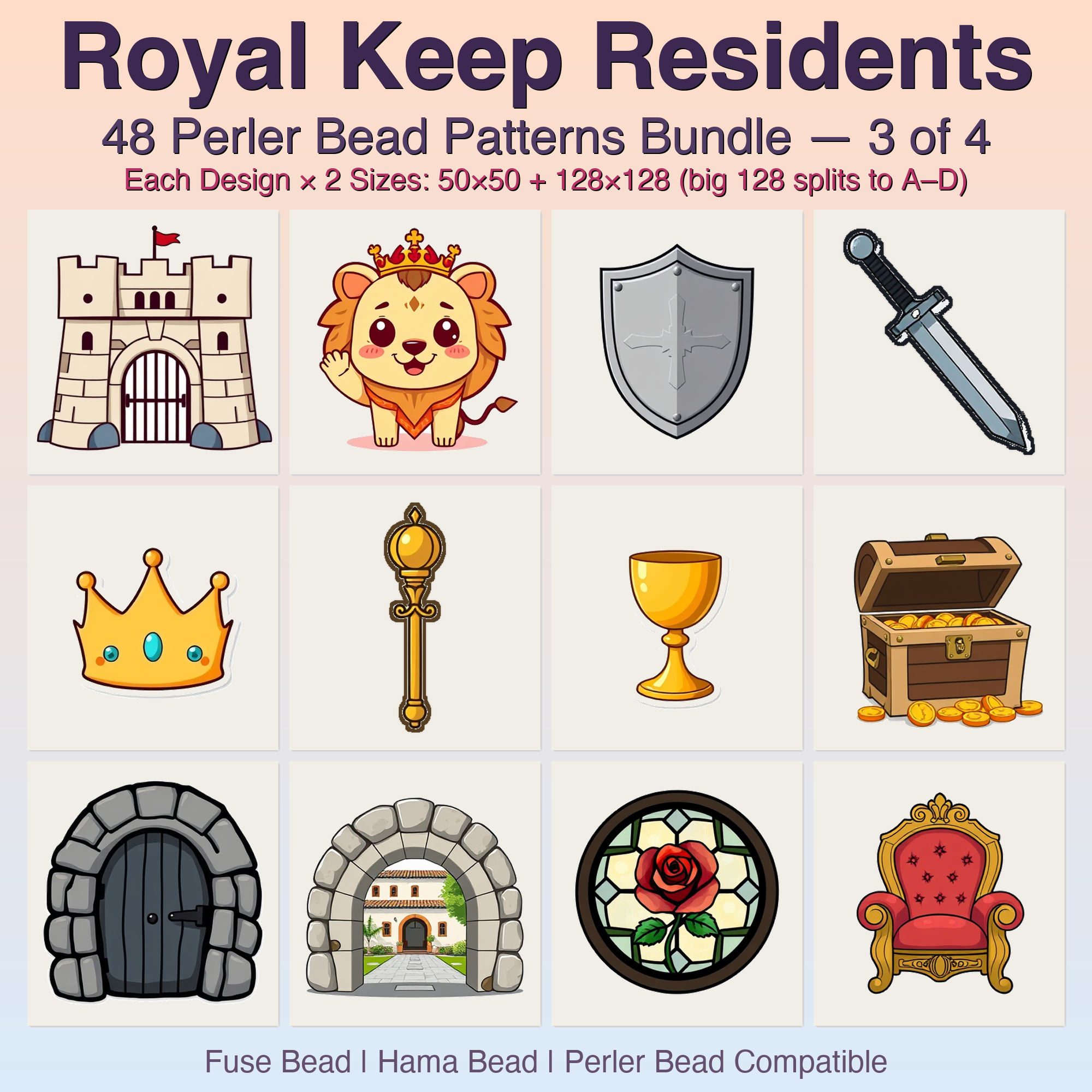 Royal Keep Residents Perler Bead Patterns, 48 Designs x 2 Grid Sizes (50x50 + 128x128), Fuse Bead PDF Digital Download