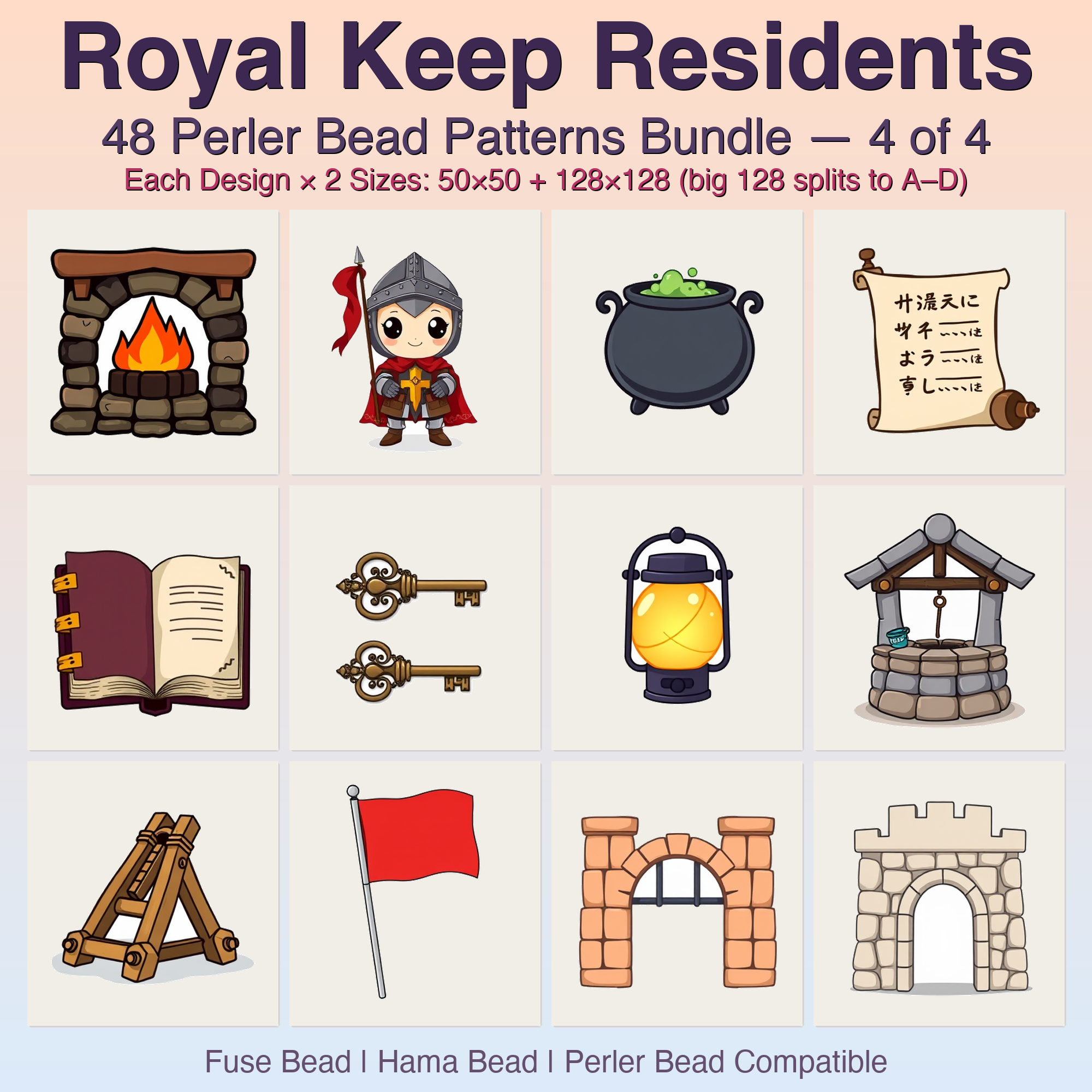 Royal Keep Residents Perler Bead Patterns, 48 Designs x 2 Grid Sizes (50x50 + 128x128), Fuse Bead PDF Digital Download