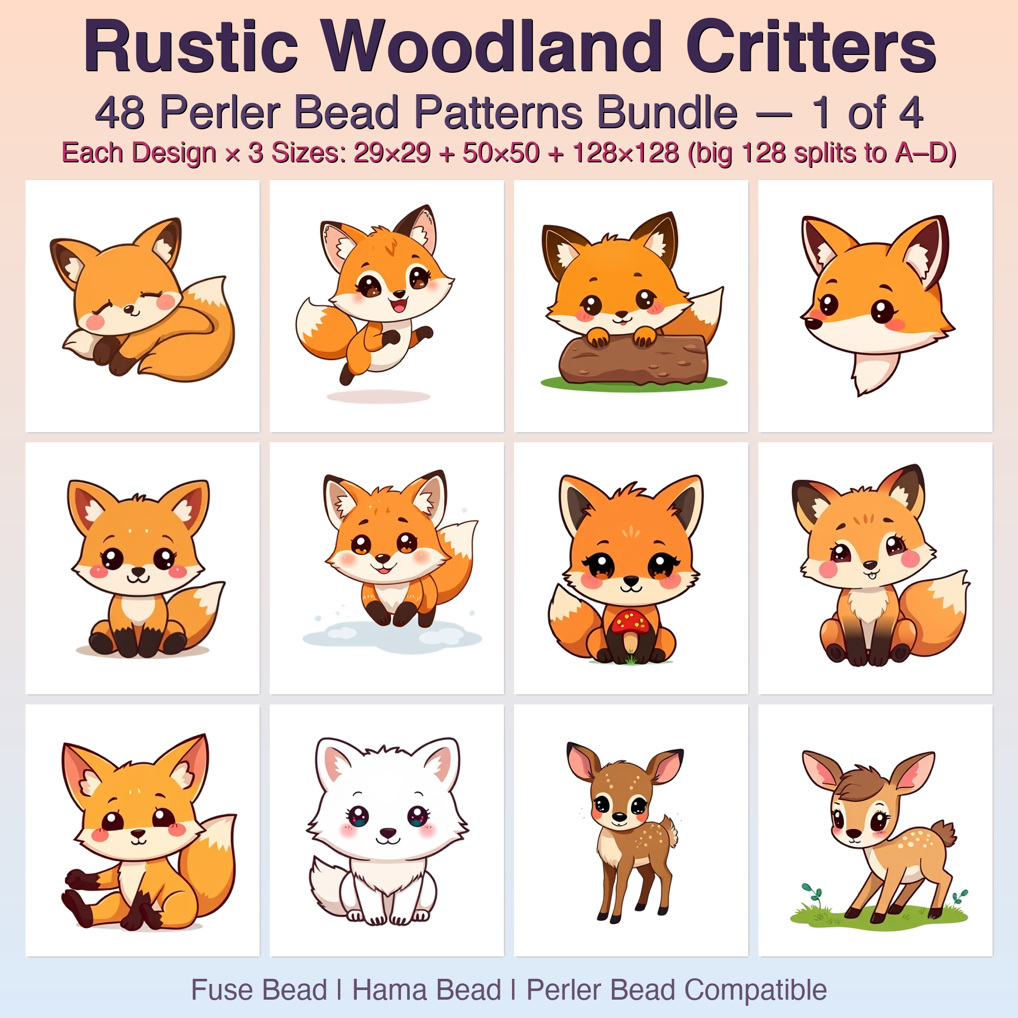 Rustic Woodland Critters Perler Bead Patterns Bundle, 48 Designs (PDF Digital Download)