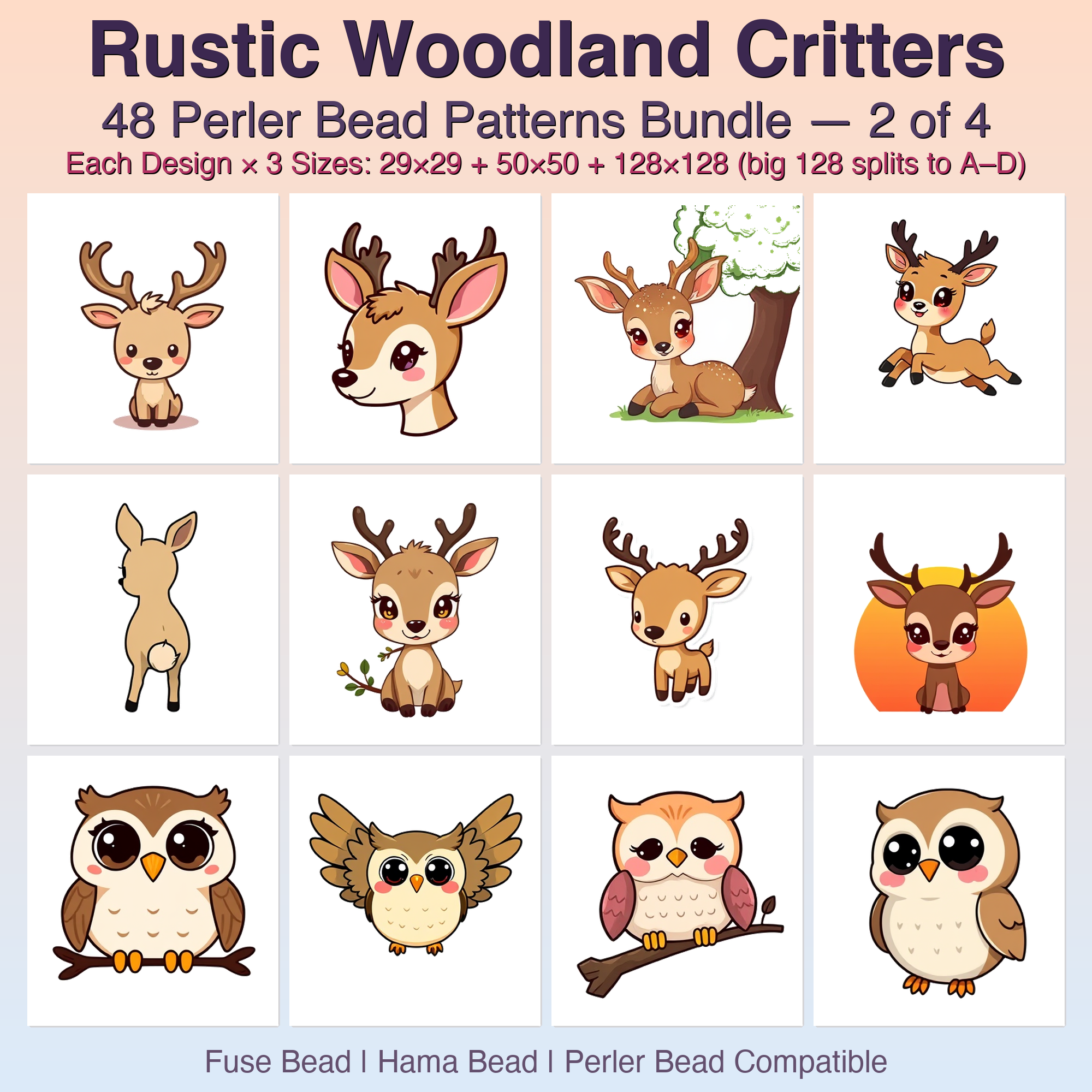 Rustic Woodland Critters Perler Bead Patterns Bundle, 48 Designs (PDF Digital Download)