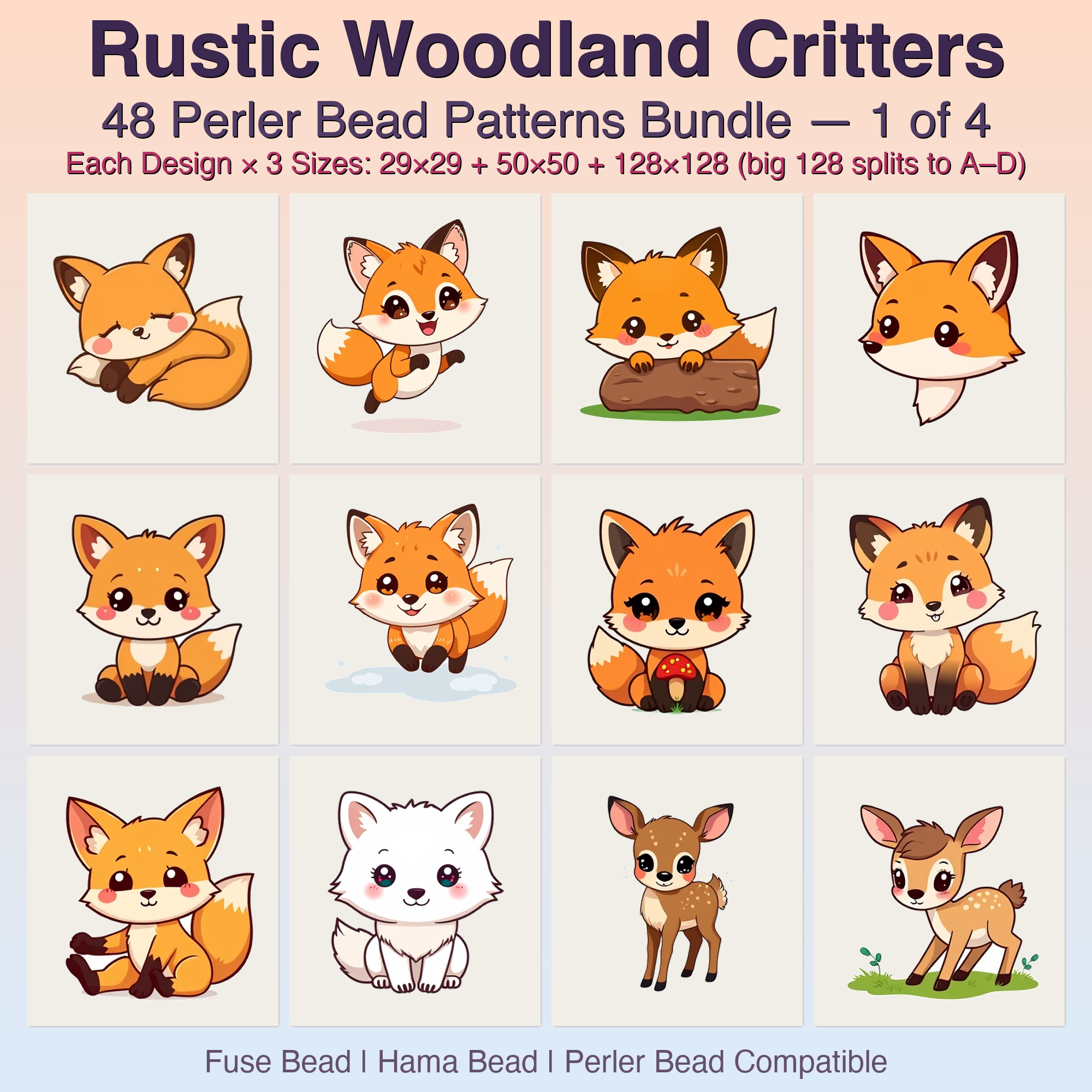 Rustic Woodland Critters Perler Bead Patterns Bundle, 48 Designs (PDF Digital Download)