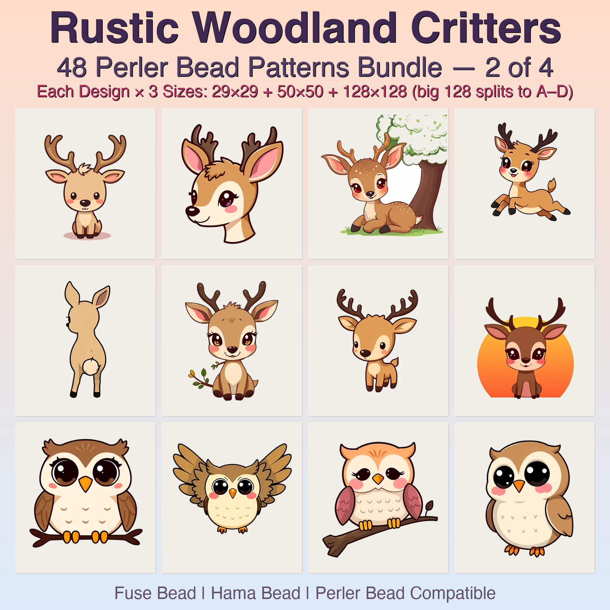 Rustic Woodland Critters Perler Bead Patterns Bundle, 48 Designs (PDF Digital Download)