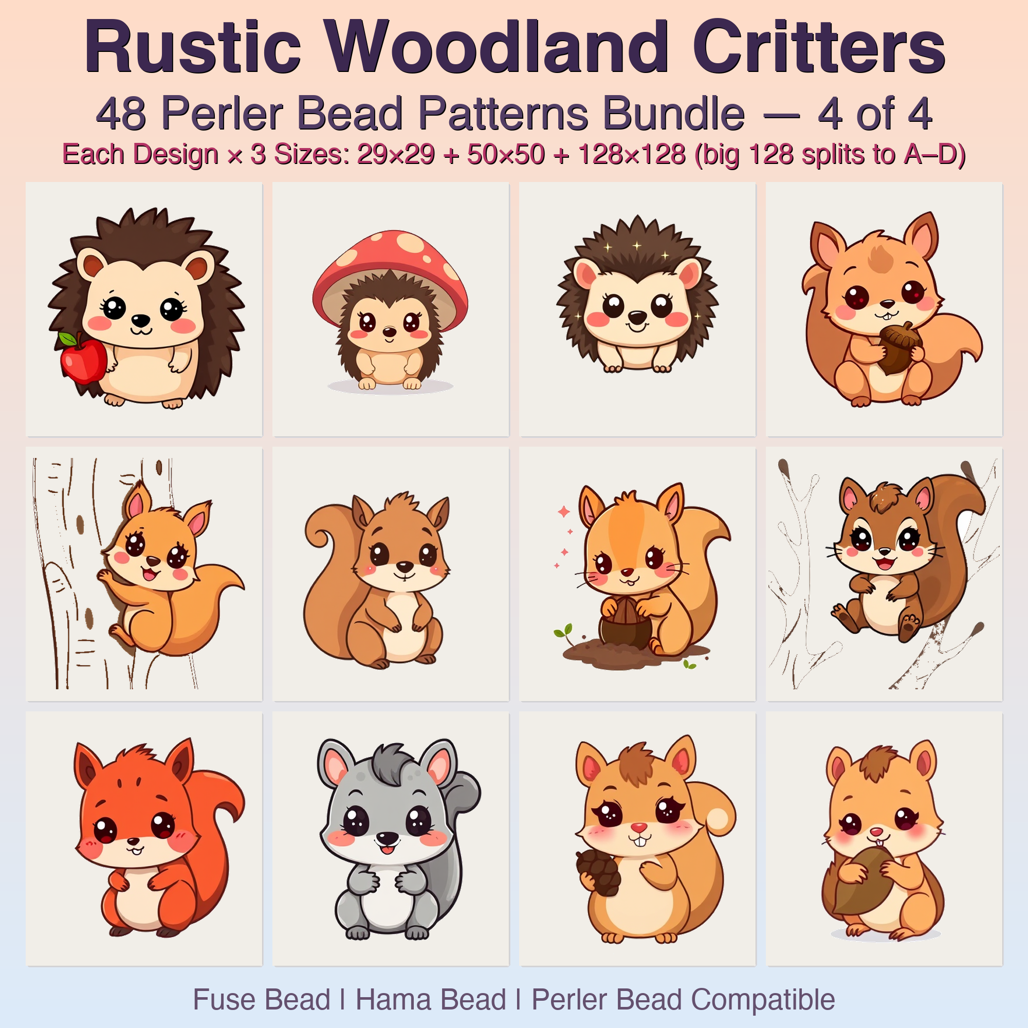 Rustic Woodland Critters Perler Bead Patterns Bundle, 48 Designs (PDF Digital Download)
