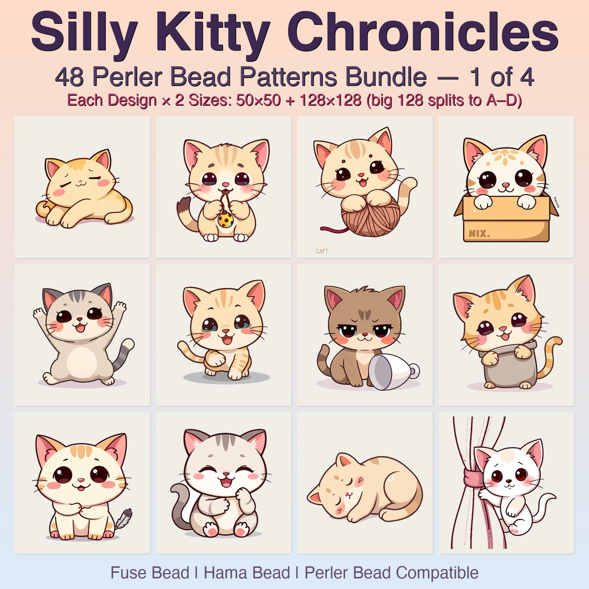 Silly Kitty Chronicles Perler Bead Patterns, 48 Designs x 2 Grid Sizes (50x50 + 128x128), Fuse Bead PDF Digital Download