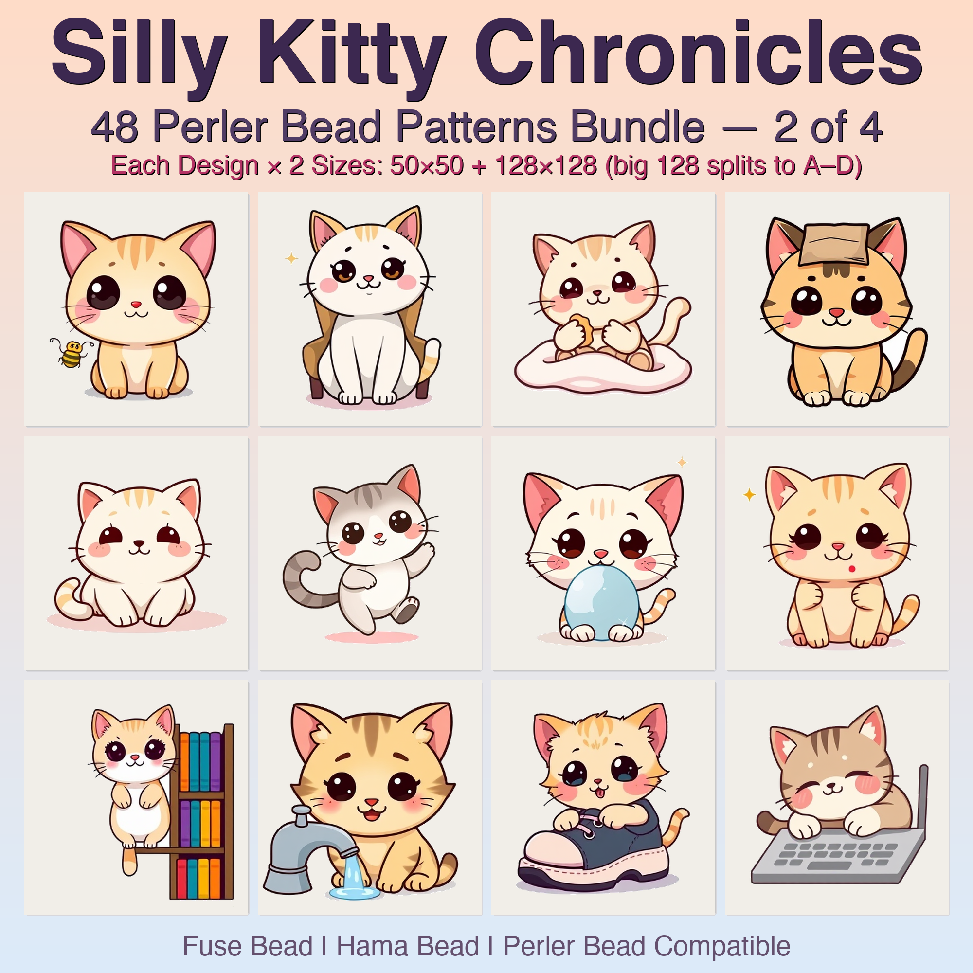 Silly Kitty Chronicles Perler Bead Patterns, 48 Designs x 2 Grid Sizes (50x50 + 128x128), Fuse Bead PDF Digital Download
