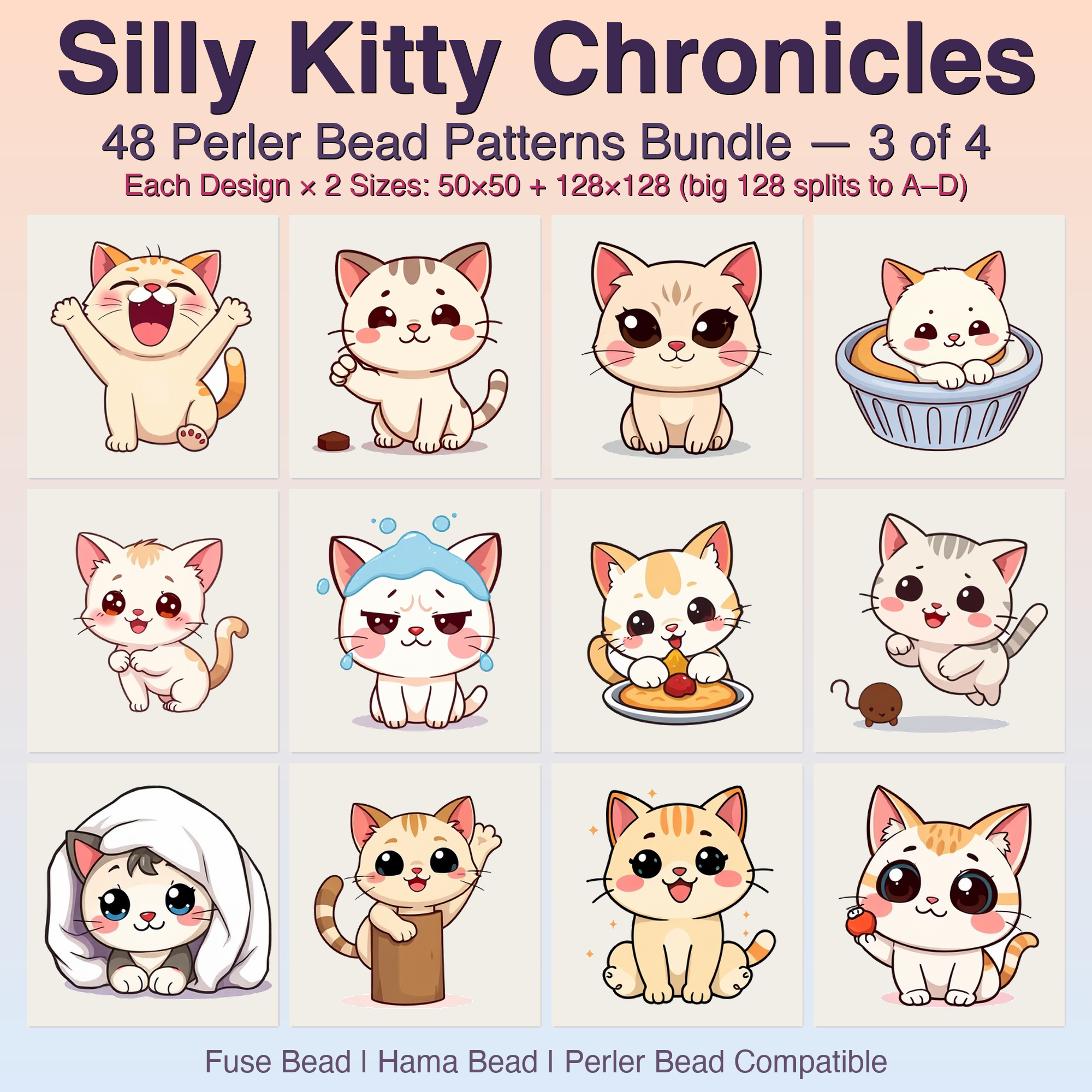 Silly Kitty Chronicles Perler Bead Patterns, 48 Designs x 2 Grid Sizes (50x50 + 128x128), Fuse Bead PDF Digital Download