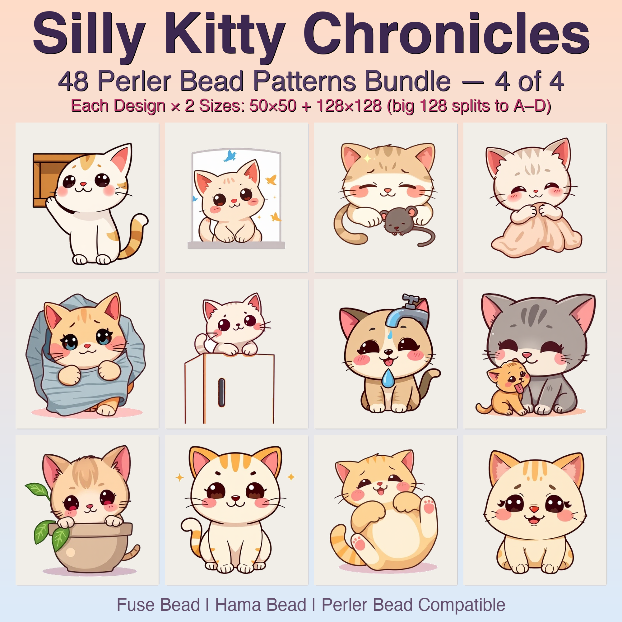 Silly Kitty Chronicles Perler Bead Patterns, 48 Designs x 2 Grid Sizes (50x50 + 128x128), Fuse Bead PDF Digital Download