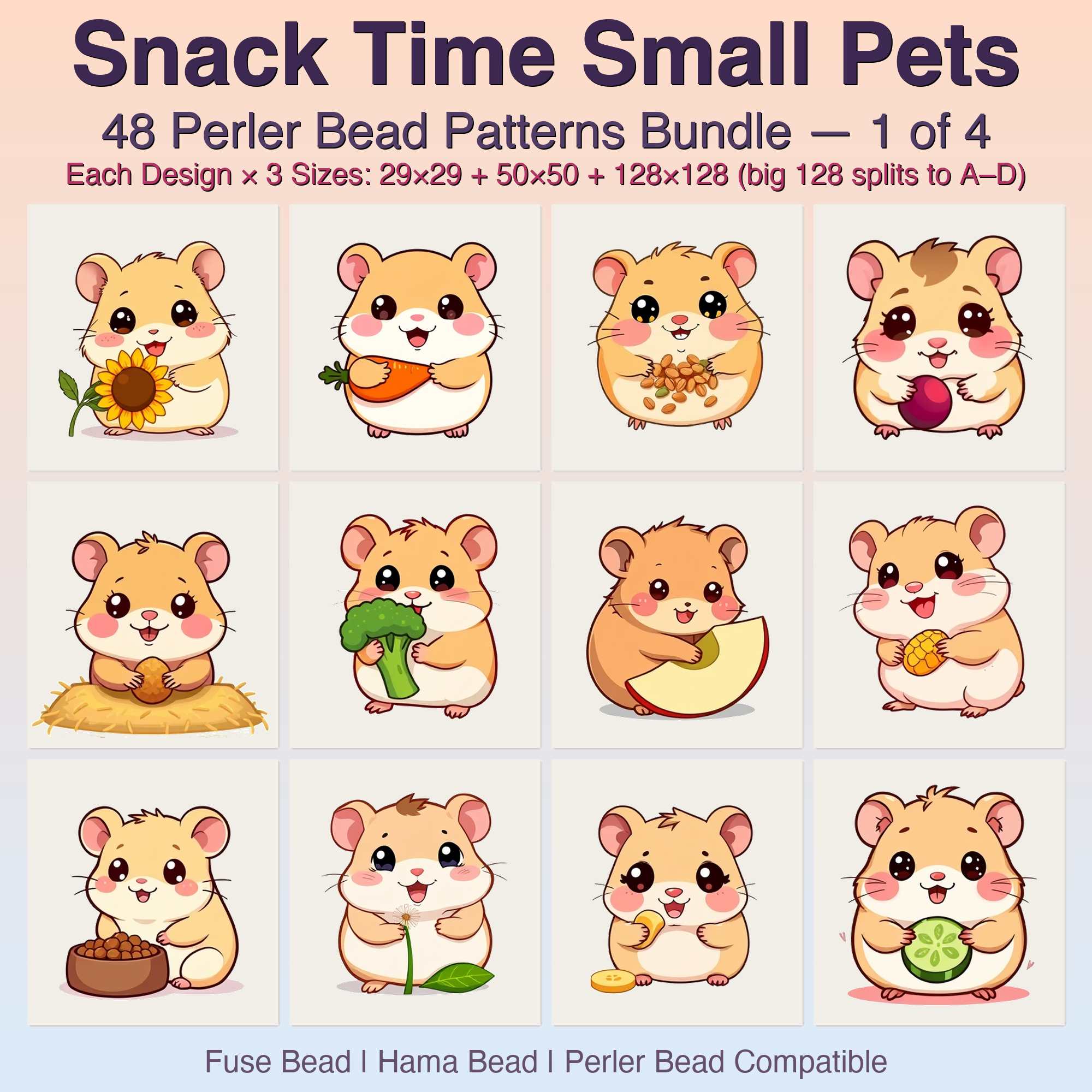 Snack Time Small Pets Perler Bead Patterns, 48 Designs x 3 Grid Sizes (29x29 + 50x50 + 128x128), Fuse Bead PDF Digital Download