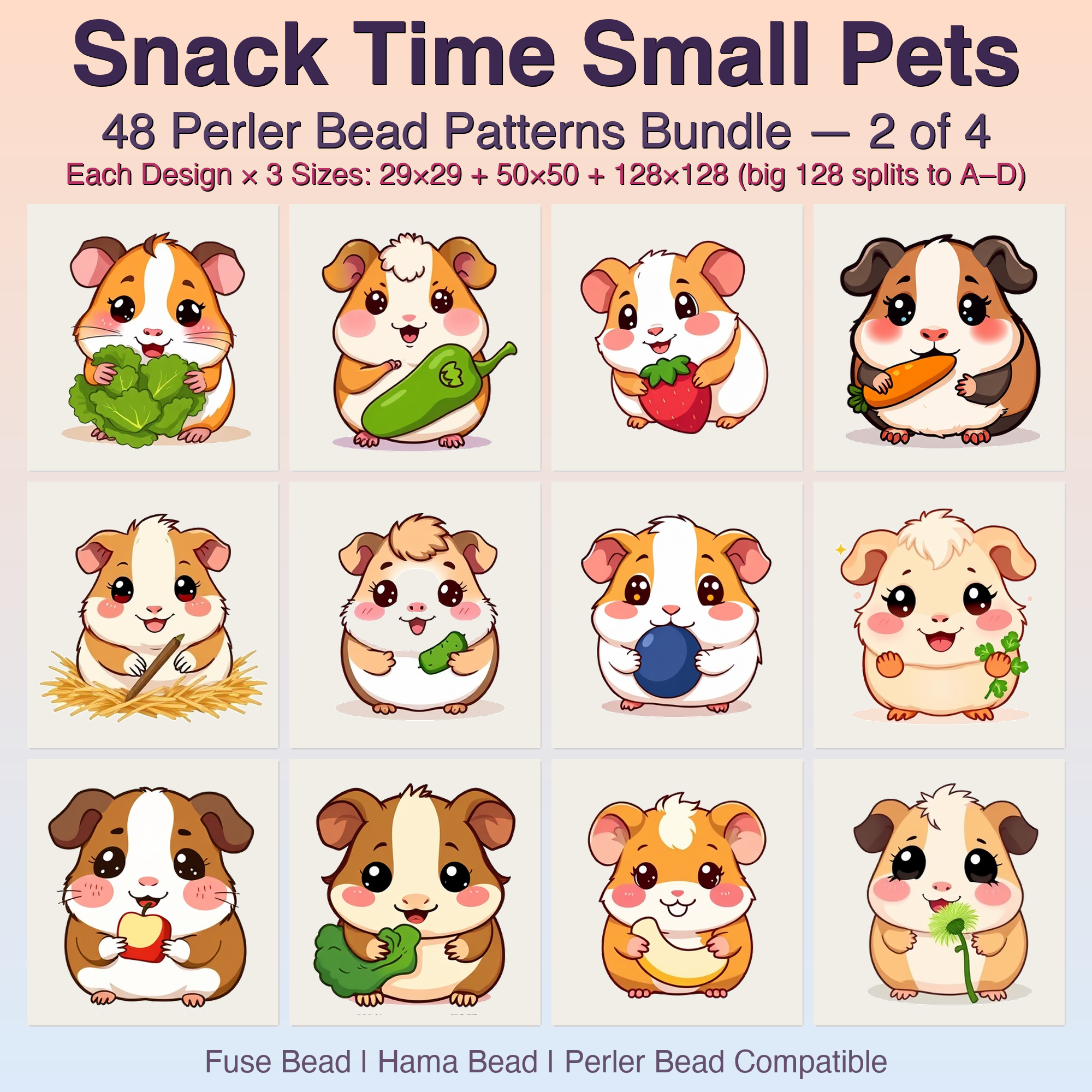 Snack Time Small Pets Perler Bead Patterns, 48 Designs x 3 Grid Sizes (29x29 + 50x50 + 128x128), Fuse Bead PDF Digital Download