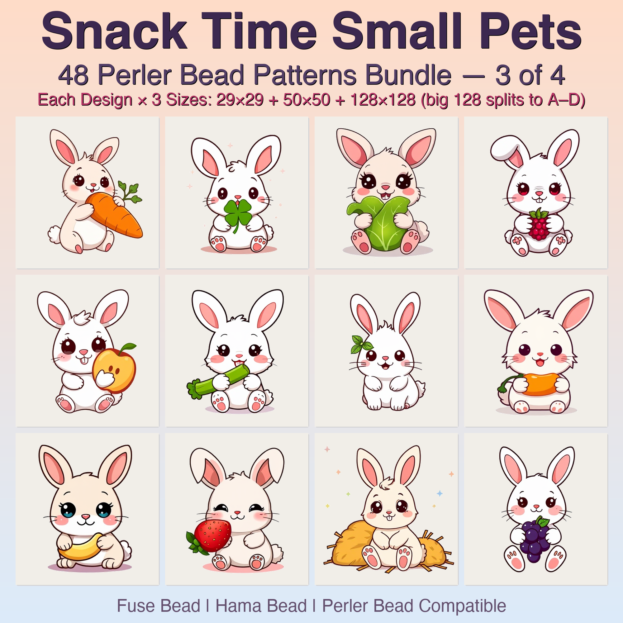 Snack Time Small Pets Perler Bead Patterns, 48 Designs x 3 Grid Sizes (29x29 + 50x50 + 128x128), Fuse Bead PDF Digital Download