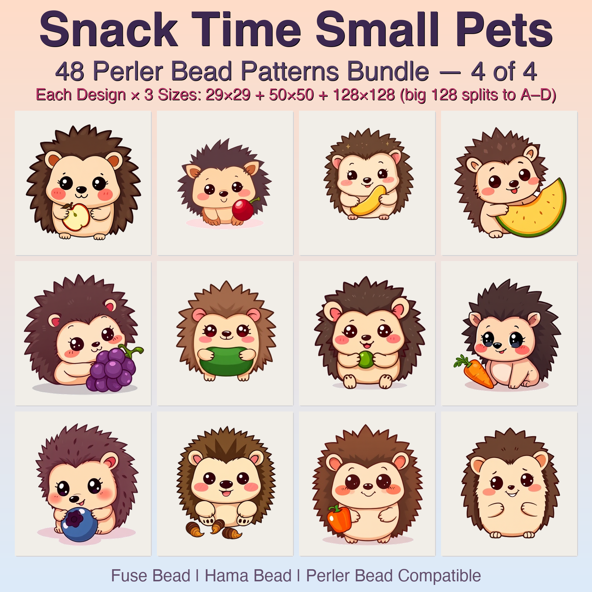 Snack Time Small Pets Perler Bead Patterns, 48 Designs x 3 Grid Sizes (29x29 + 50x50 + 128x128), Fuse Bead PDF Digital Download