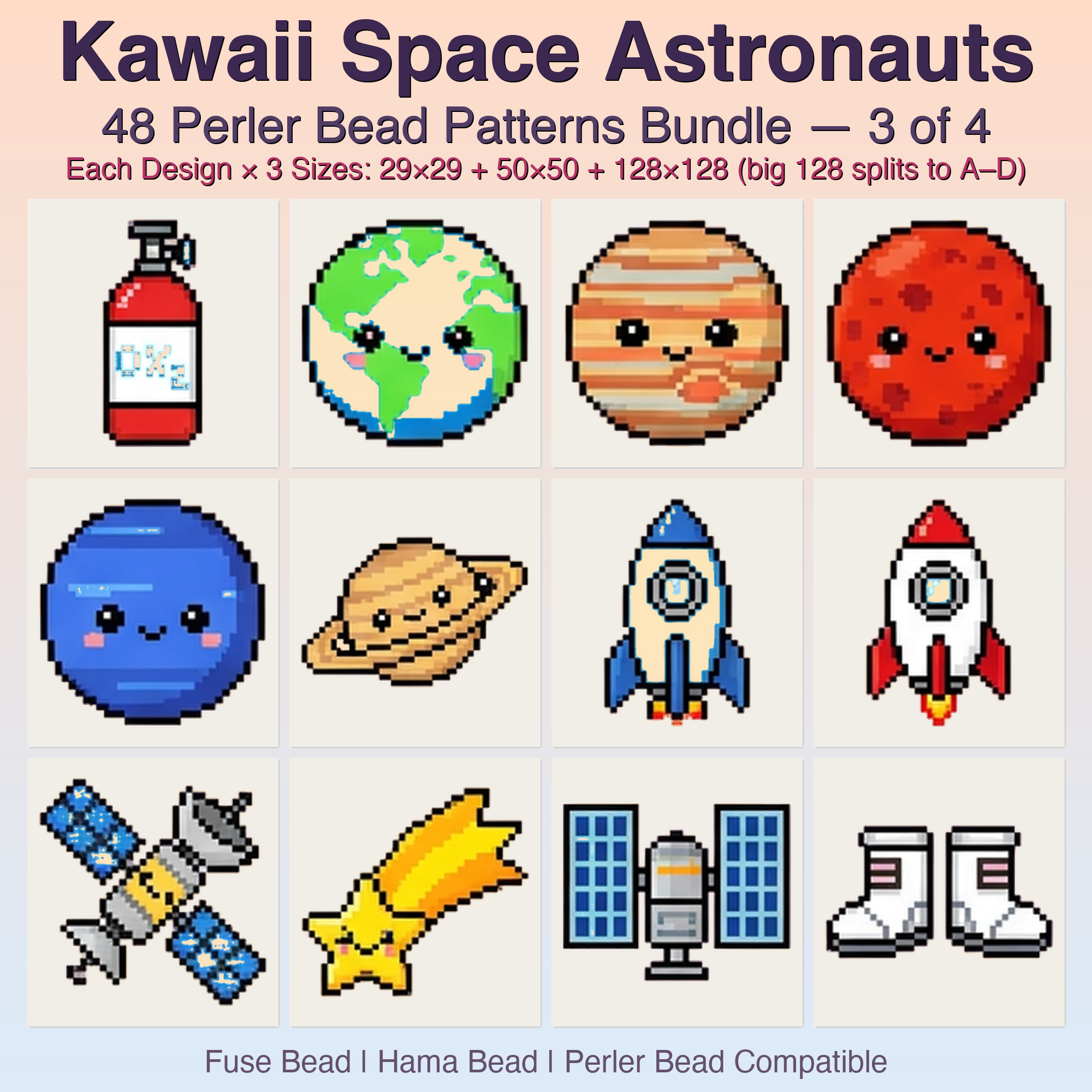 Kawaii Space Astronauts Perler Bead Patterns, 48 Designs x 3 Grid Sizes (29x29 + 50x50 + 128x128), Fuse Bead PDF Digital Download