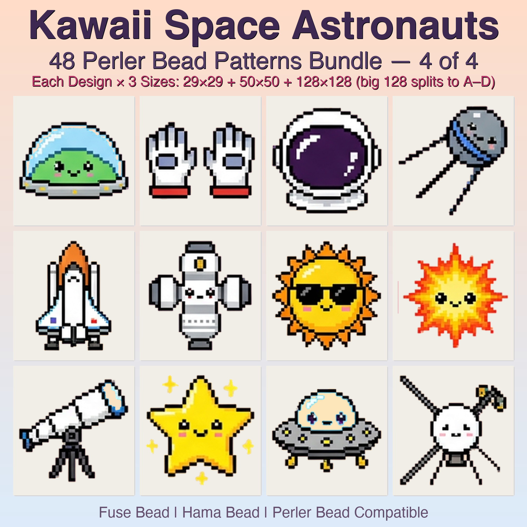 Kawaii Space Astronauts Perler Bead Patterns, 48 Designs x 3 Grid Sizes (29x29 + 50x50 + 128x128), Fuse Bead PDF Digital Download