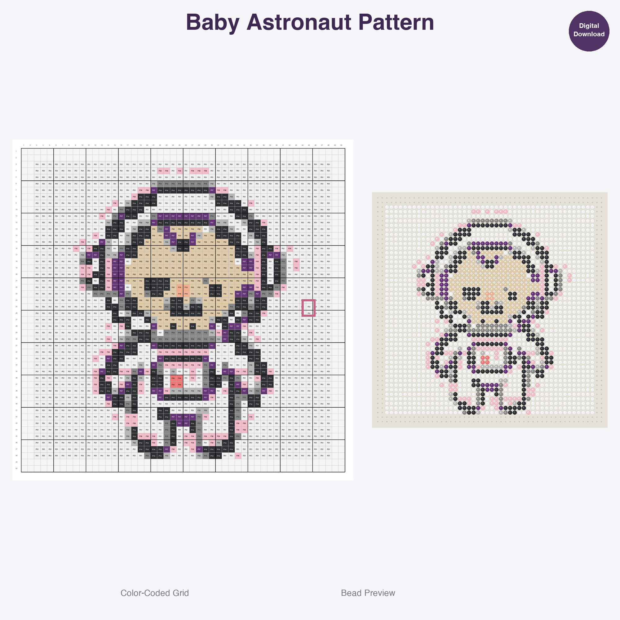 Kawaii Space Astronauts Perler Bead Patterns, 48 Designs x 3 Grid Sizes (29x29 + 50x50 + 128x128), Fuse Bead PDF Digital Download