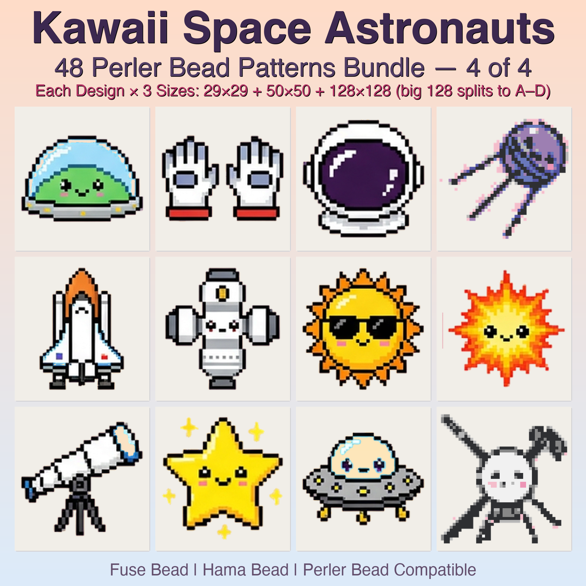 Kawaii Space Astronauts Perler Bead Patterns, 48 Designs x 3 Grid Sizes (29x29 + 50x50 + 128x128), Fuse Bead PDF Digital Download
