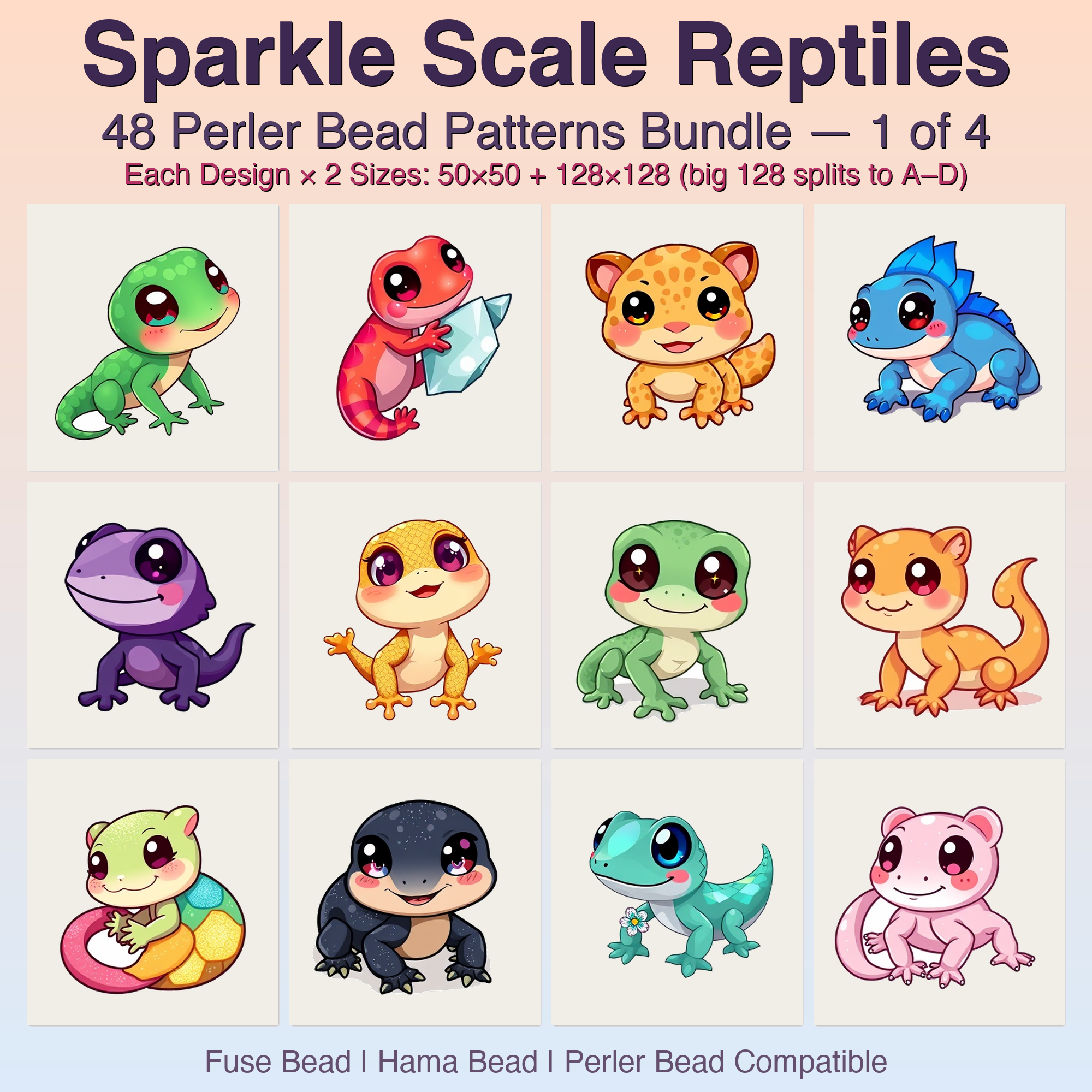 Sparkle Scale Reptiles Perler Bead Patterns, 48 Designs x 2 Grid Sizes (50x50 + 128x128), Fuse Bead PDF Digital Download