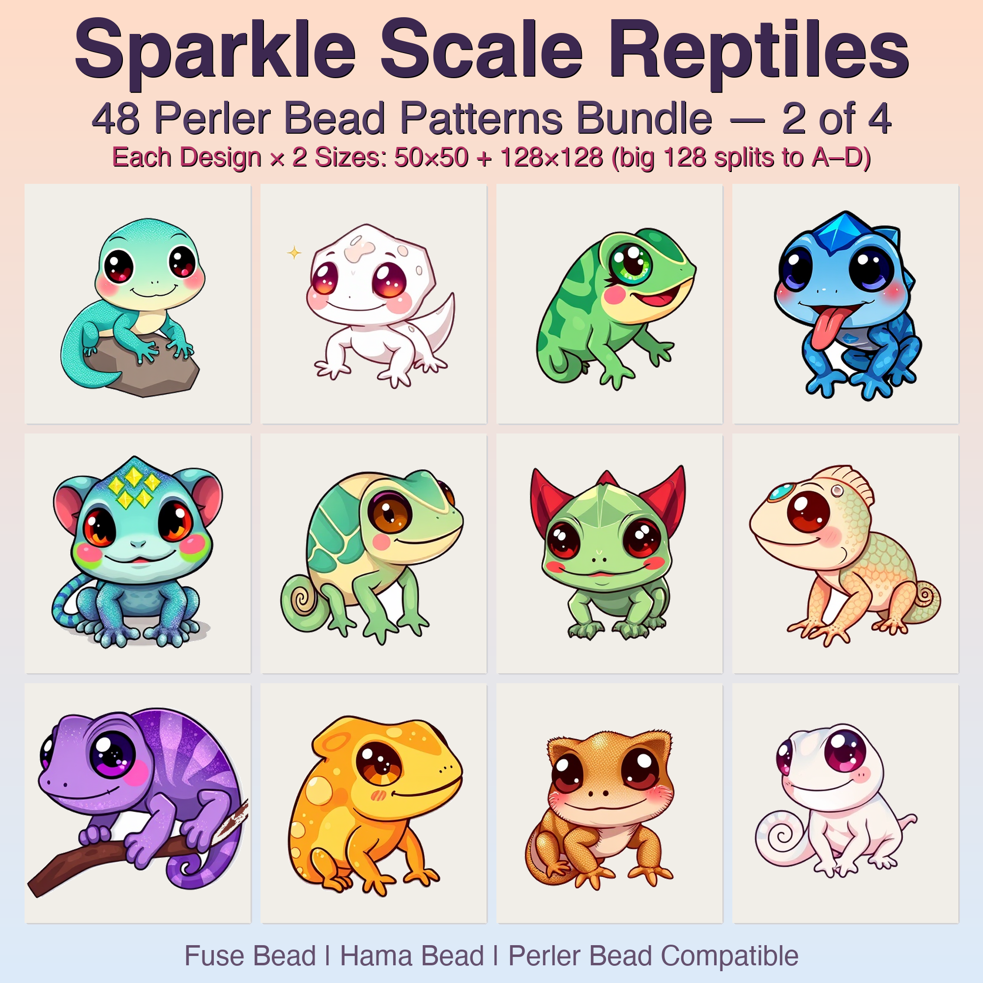 Sparkle Scale Reptiles Perler Bead Patterns, 48 Designs x 2 Grid Sizes (50x50 + 128x128), Fuse Bead PDF Digital Download