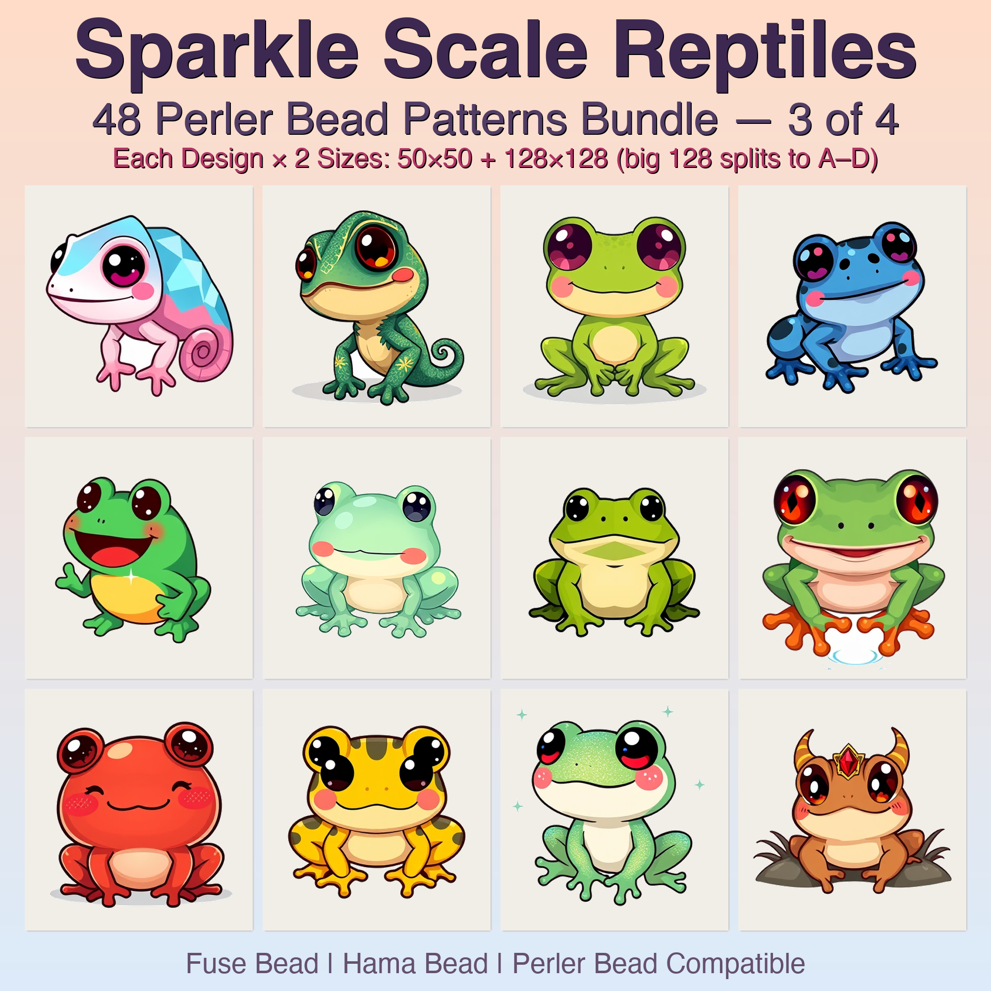 Sparkle Scale Reptiles Perler Bead Patterns, 48 Designs x 2 Grid Sizes (50x50 + 128x128), Fuse Bead PDF Digital Download