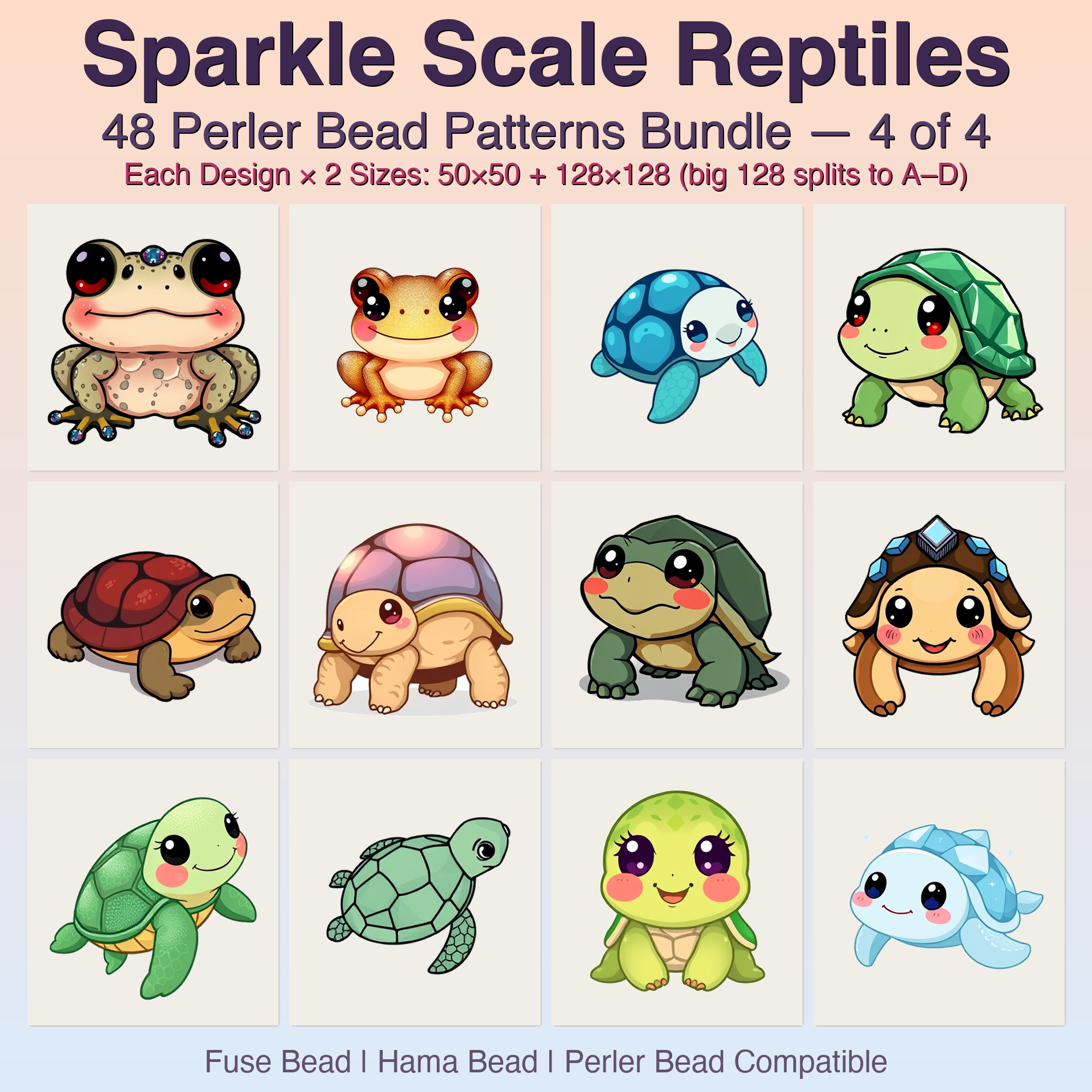 Sparkle Scale Reptiles Perler Bead Patterns, 48 Designs x 2 Grid Sizes (50x50 + 128x128), Fuse Bead PDF Digital Download