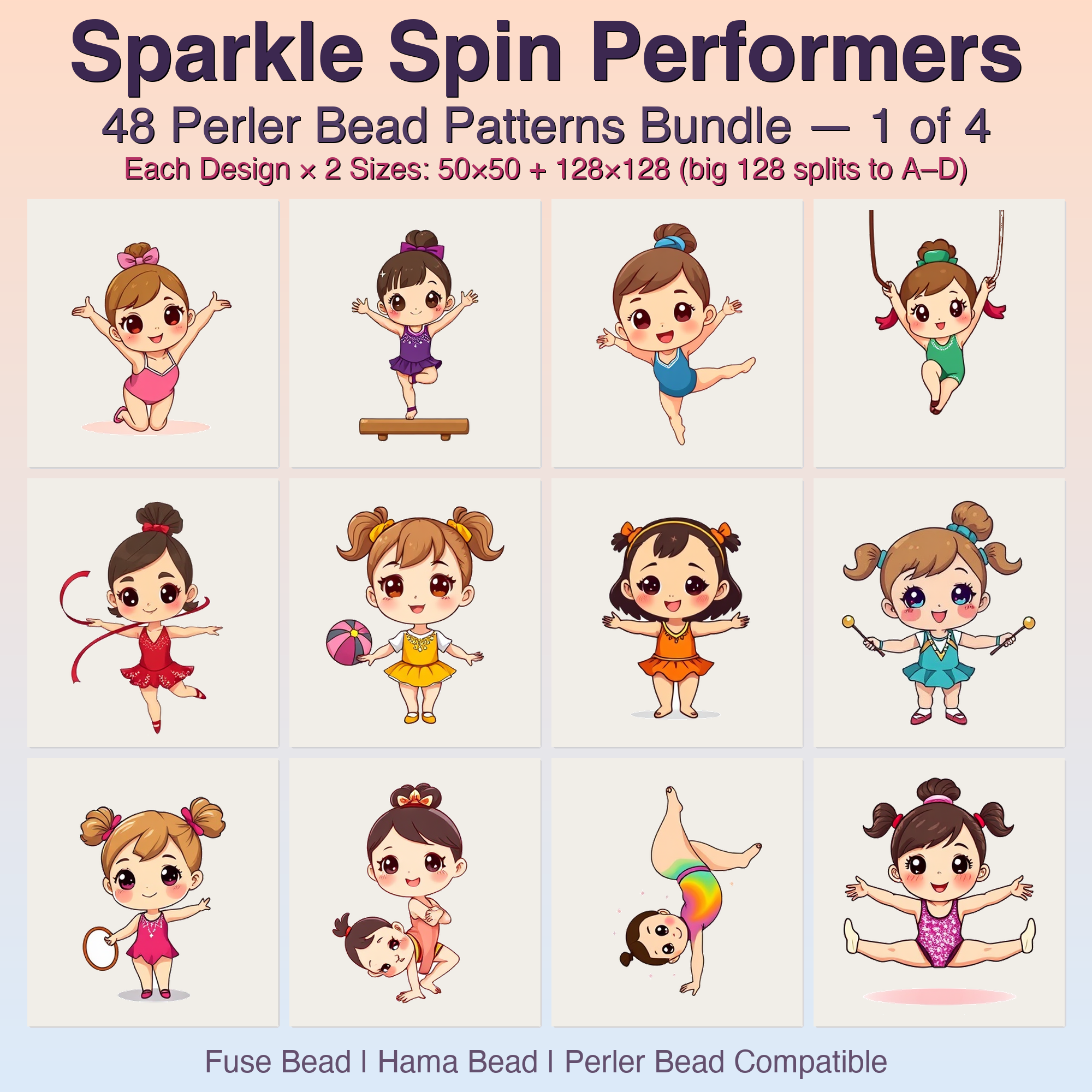 Sparkle Spin Performers Perler Bead Patterns, 48 Designs x 2 Grid Sizes (50x50 + 128x128), Fuse Bead PDF Digital Download
