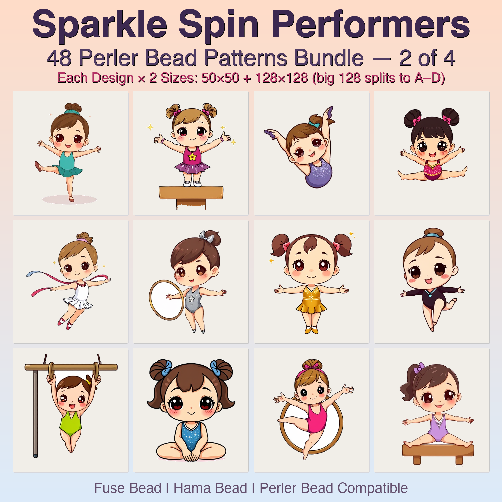 Sparkle Spin Performers Perler Bead Patterns, 48 Designs x 2 Grid Sizes (50x50 + 128x128), Fuse Bead PDF Digital Download