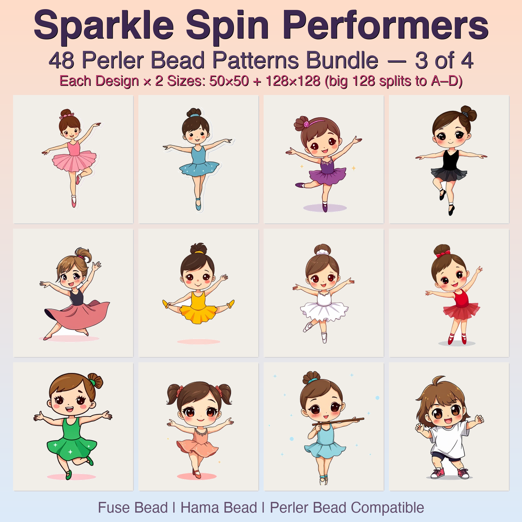 Sparkle Spin Performers Perler Bead Patterns, 48 Designs x 2 Grid Sizes (50x50 + 128x128), Fuse Bead PDF Digital Download