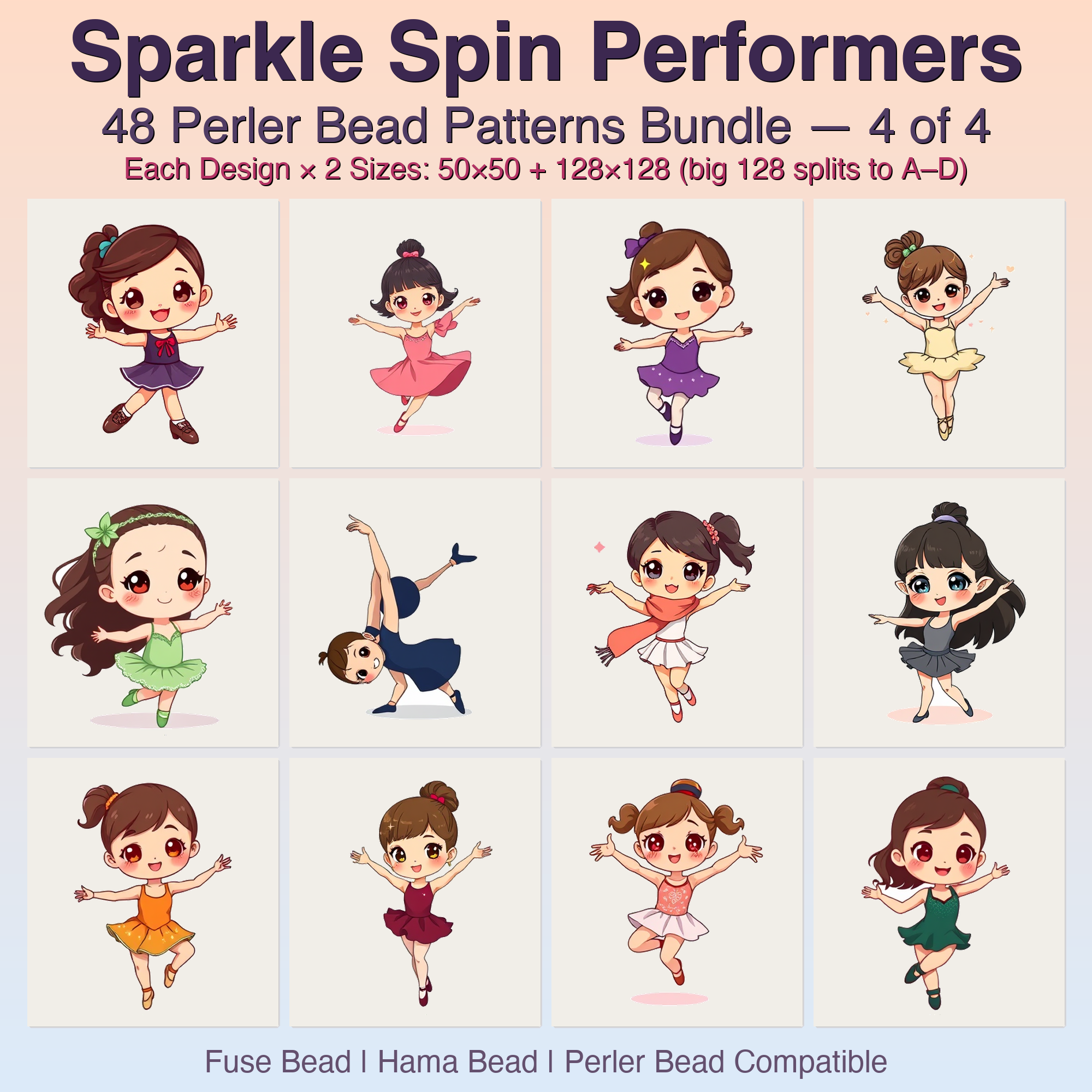 Sparkle Spin Performers Perler Bead Patterns, 48 Designs x 2 Grid Sizes (50x50 + 128x128), Fuse Bead PDF Digital Download