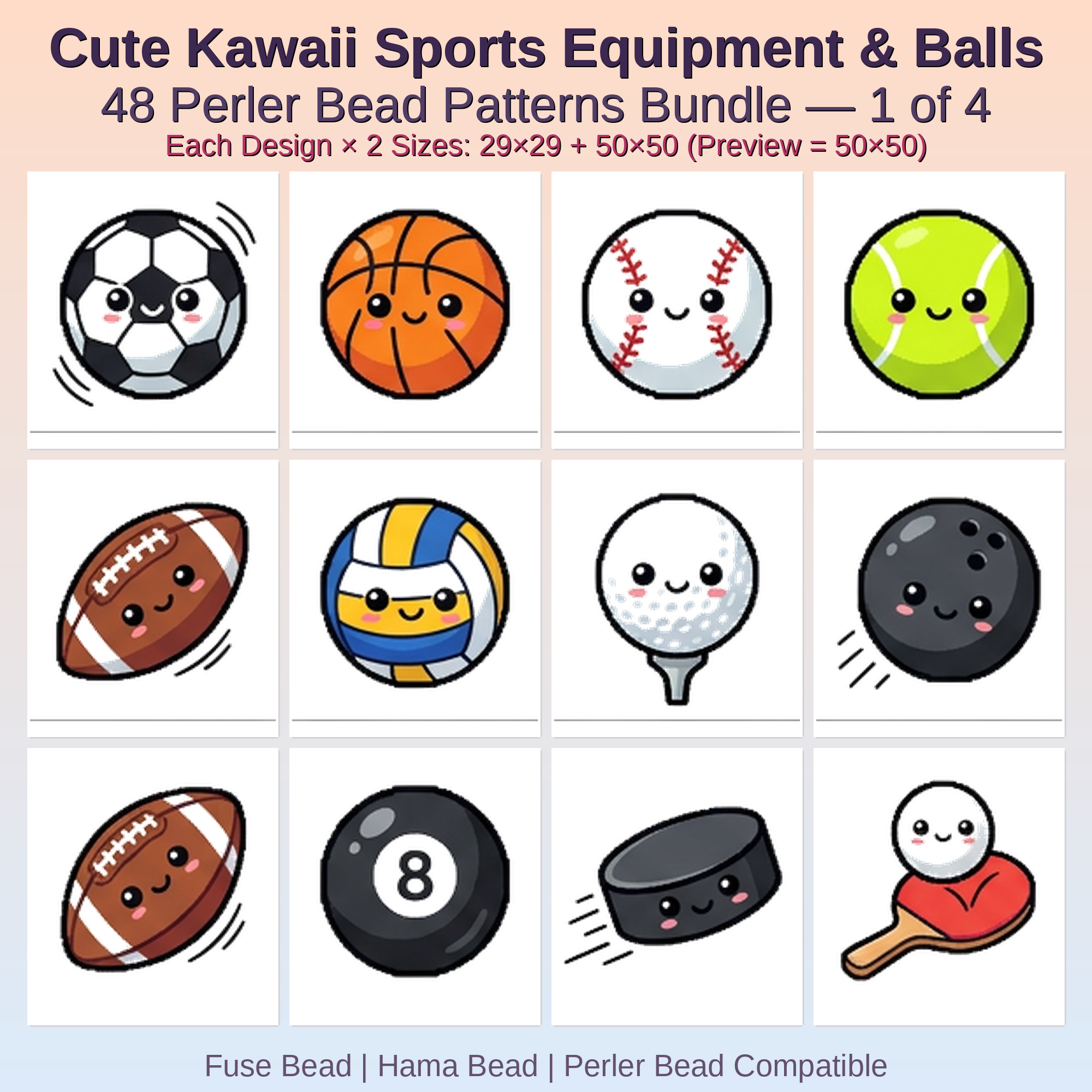 Cute Kawaii Sports Equipment & Balls Perler Bead Patterns Bundle, 48 Designs (PDF Digital Download)