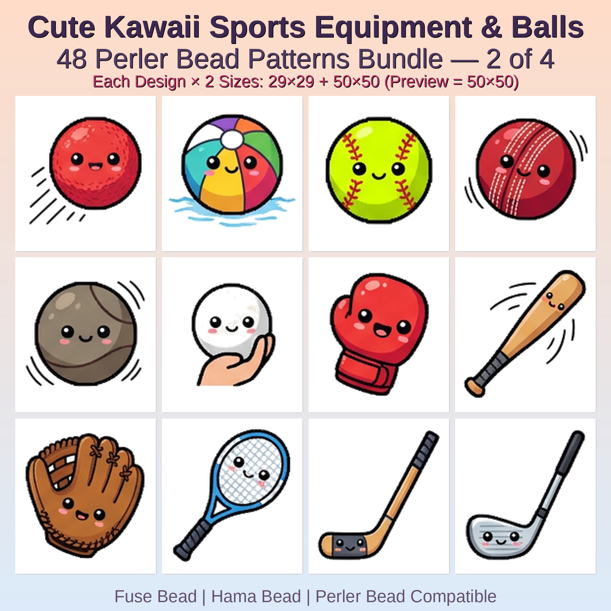 Cute Kawaii Sports Equipment & Balls Perler Bead Patterns Bundle, 48 Designs (PDF Digital Download)