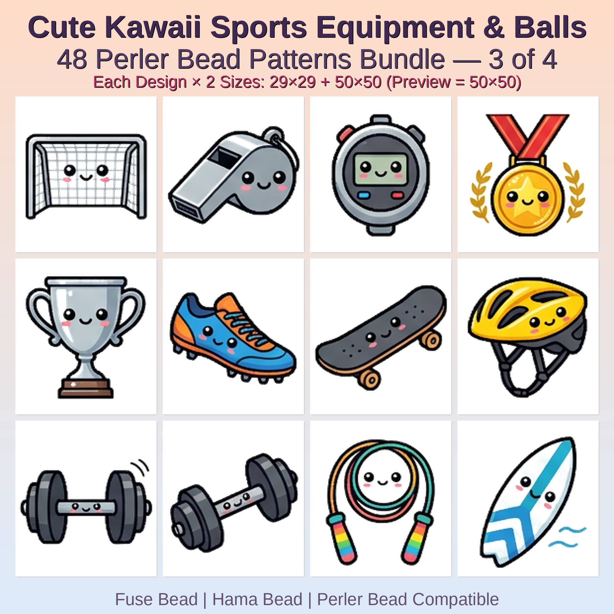 Cute Kawaii Sports Equipment & Balls Perler Bead Patterns Bundle, 48 Designs (PDF Digital Download)