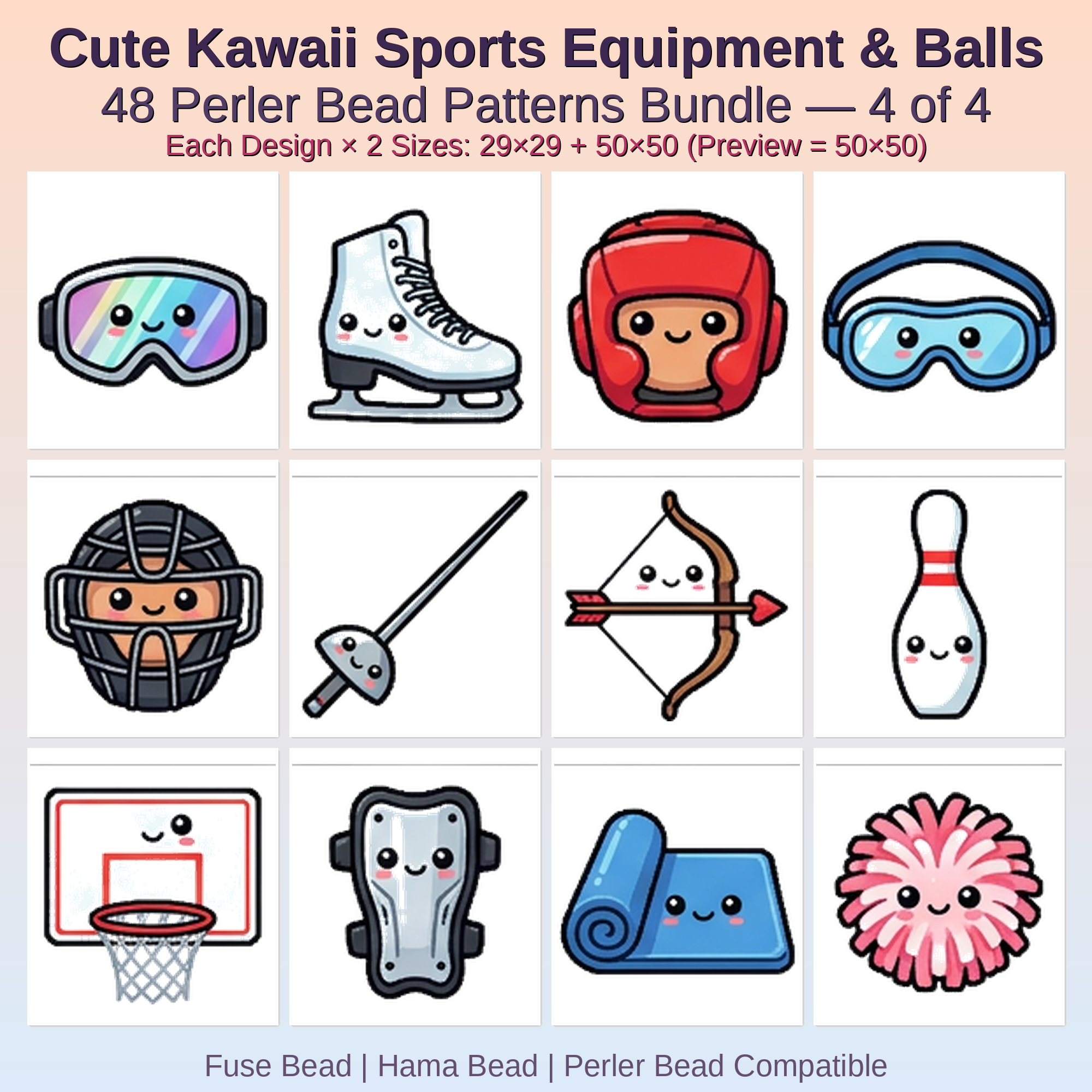 Cute Kawaii Sports Equipment & Balls Perler Bead Patterns Bundle, 48 Designs (PDF Digital Download)