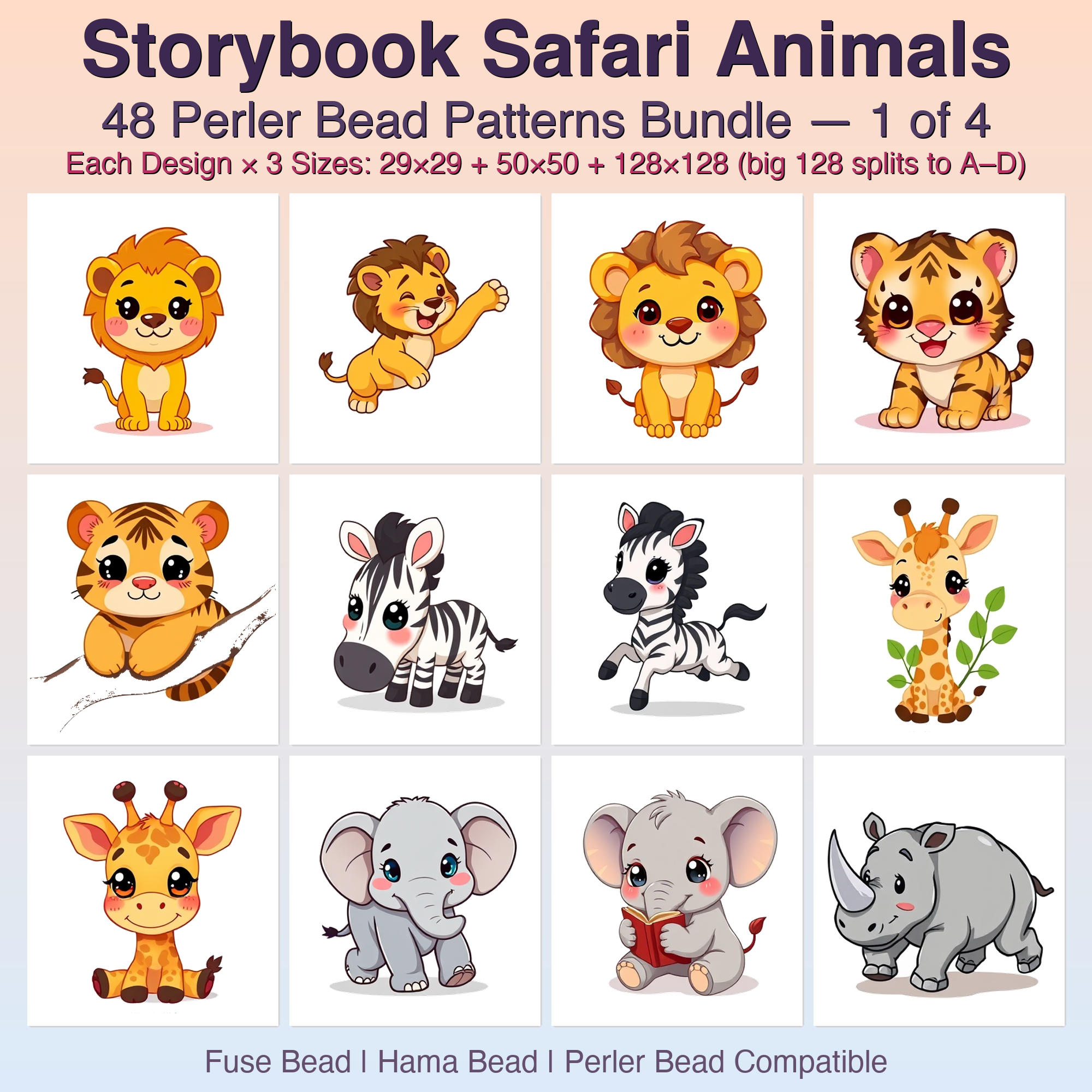 Storybook Safari Animals Perler Bead Patterns Bundle, 48 Designs (PDF Digital Download)