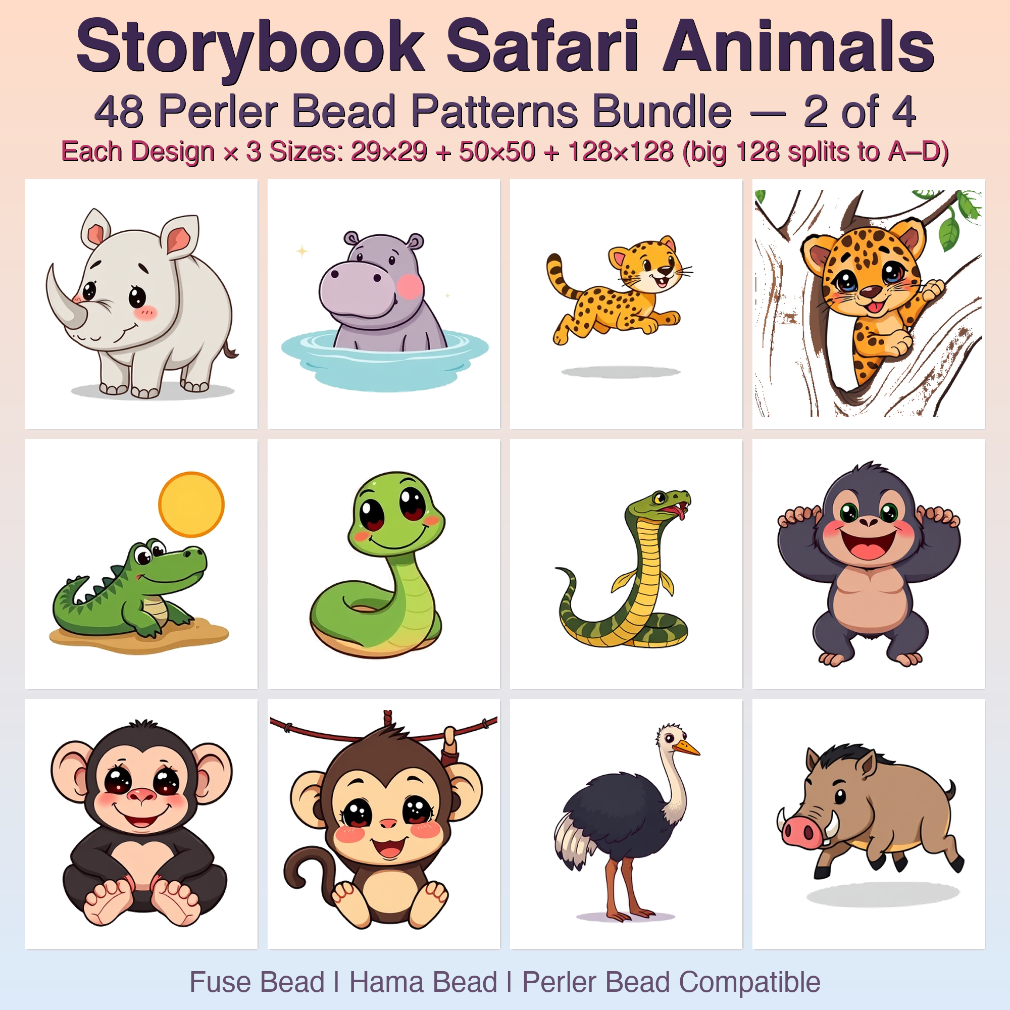 Storybook Safari Animals Perler Bead Patterns Bundle, 48 Designs (PDF Digital Download)