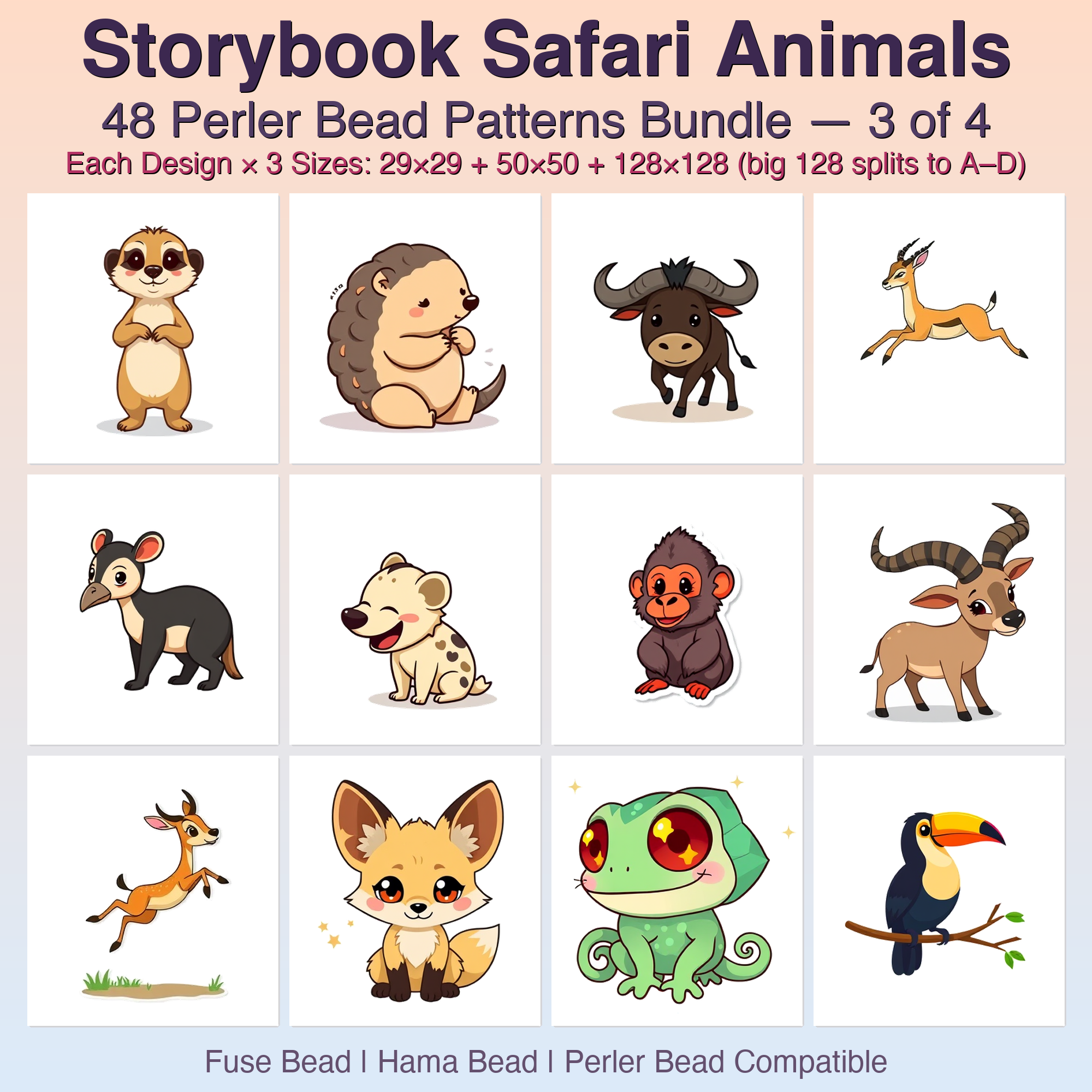 Storybook Safari Animals Perler Bead Patterns Bundle, 48 Designs (PDF Digital Download)