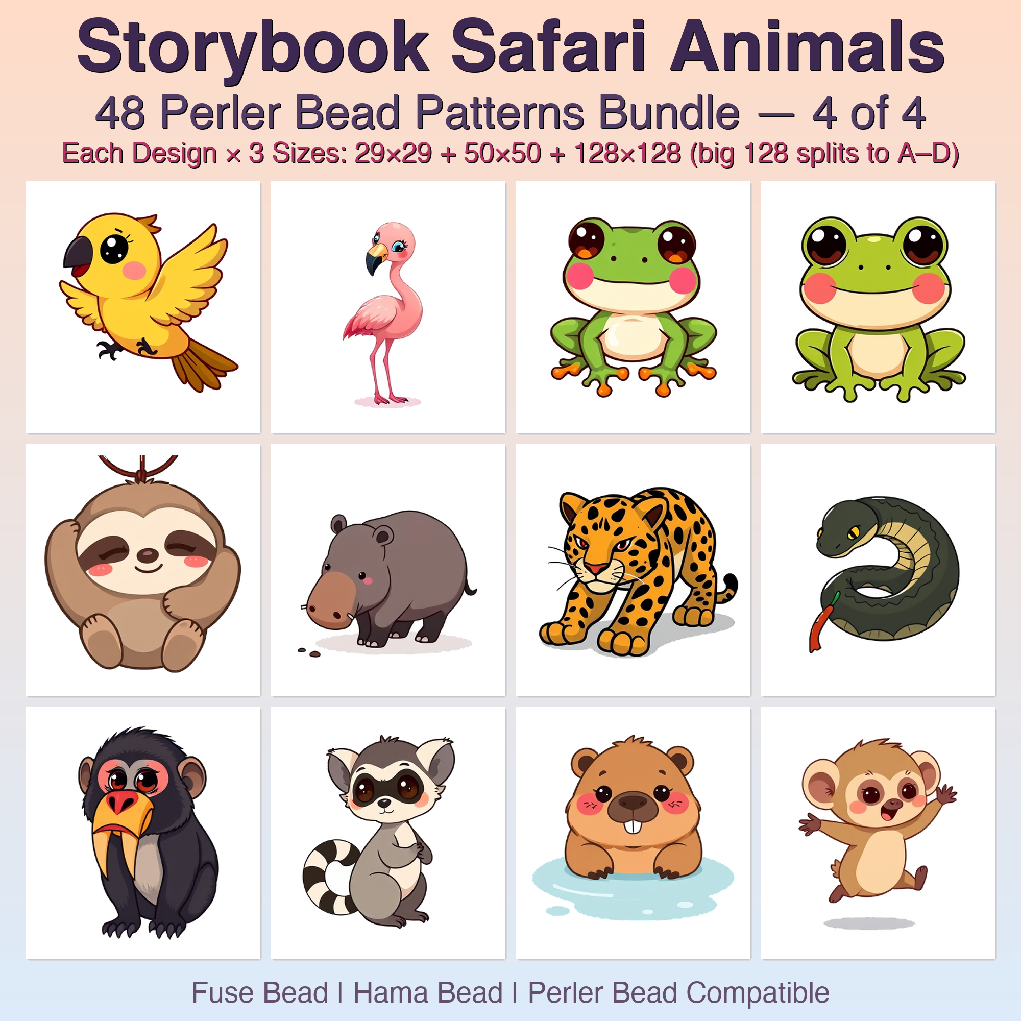 Storybook Safari Animals Perler Bead Patterns Bundle, 48 Designs (PDF Digital Download)