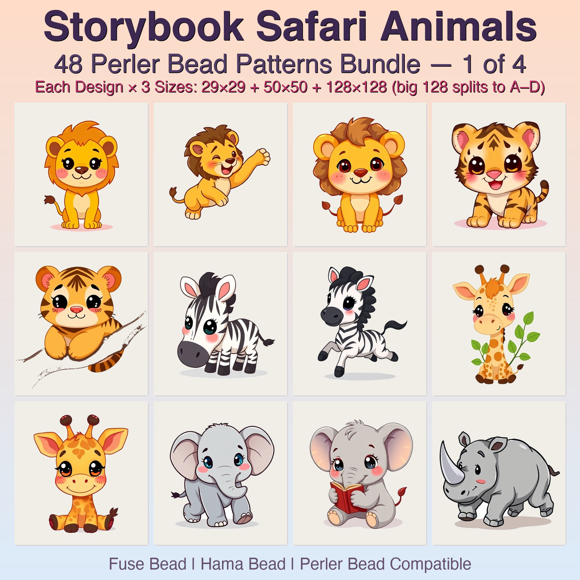 Storybook Safari Animals Perler Bead Patterns Bundle, 48 Designs (PDF Digital Download)