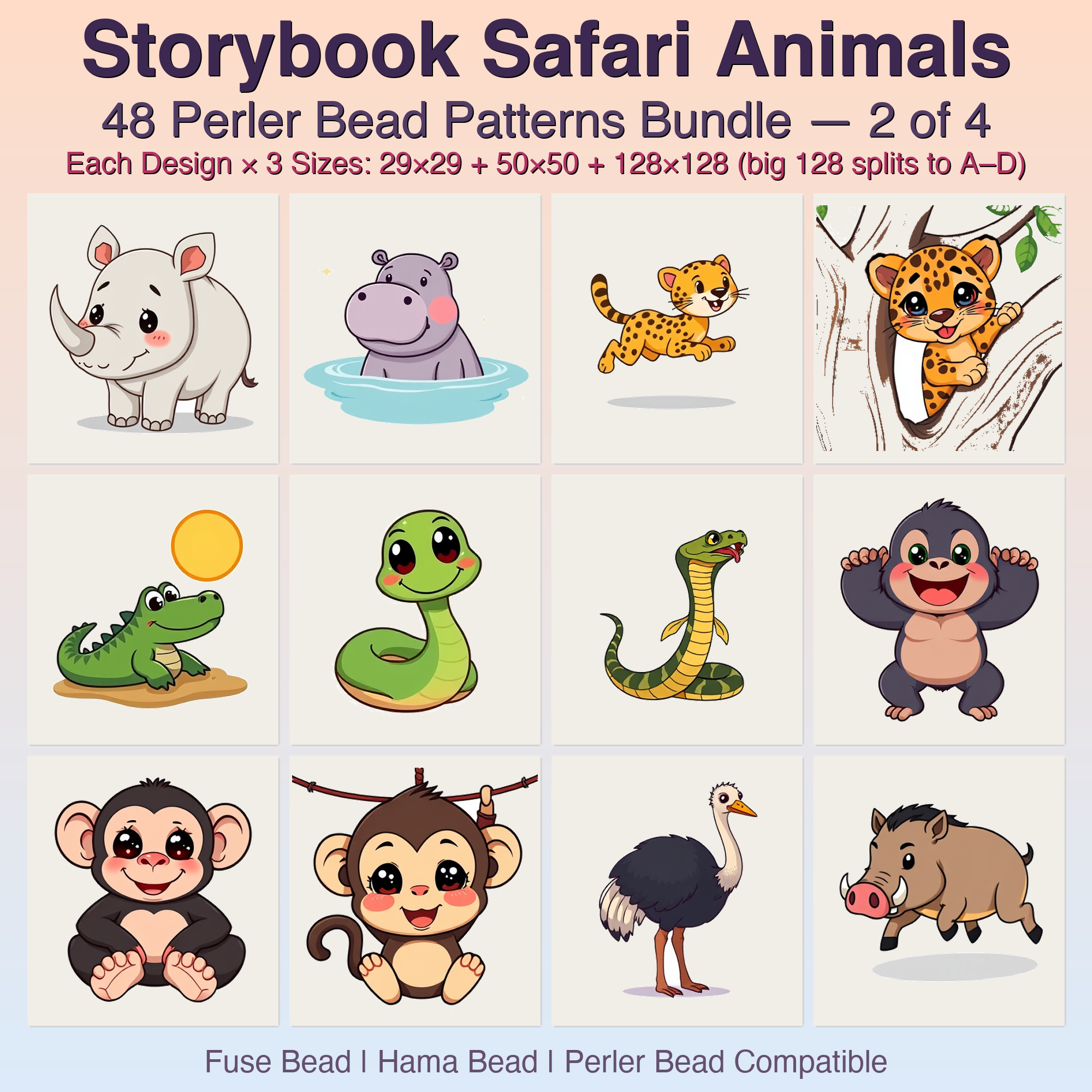 Storybook Safari Animals Perler Bead Patterns Bundle, 48 Designs (PDF Digital Download)