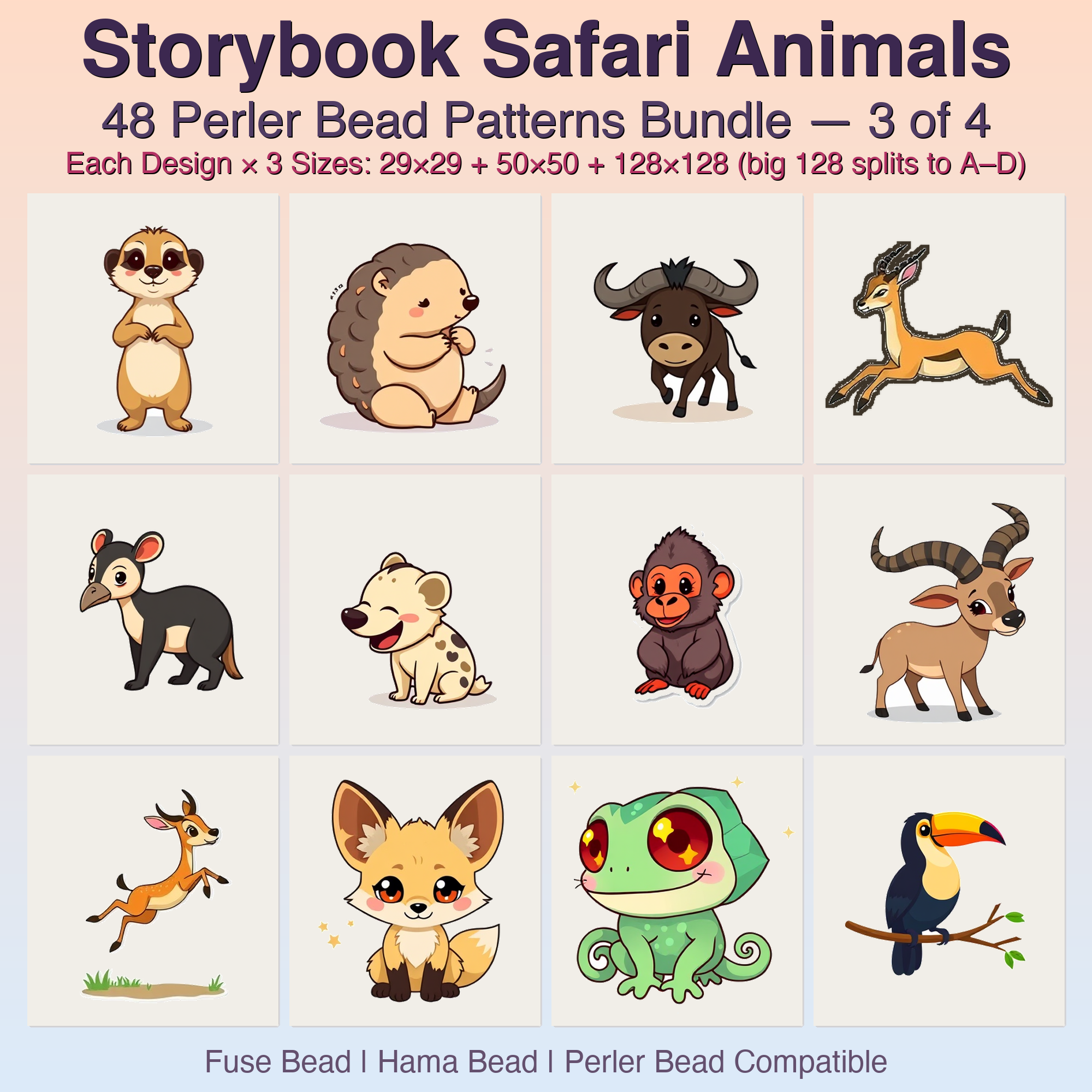 Storybook Safari Animals Perler Bead Patterns Bundle, 48 Designs (PDF Digital Download)