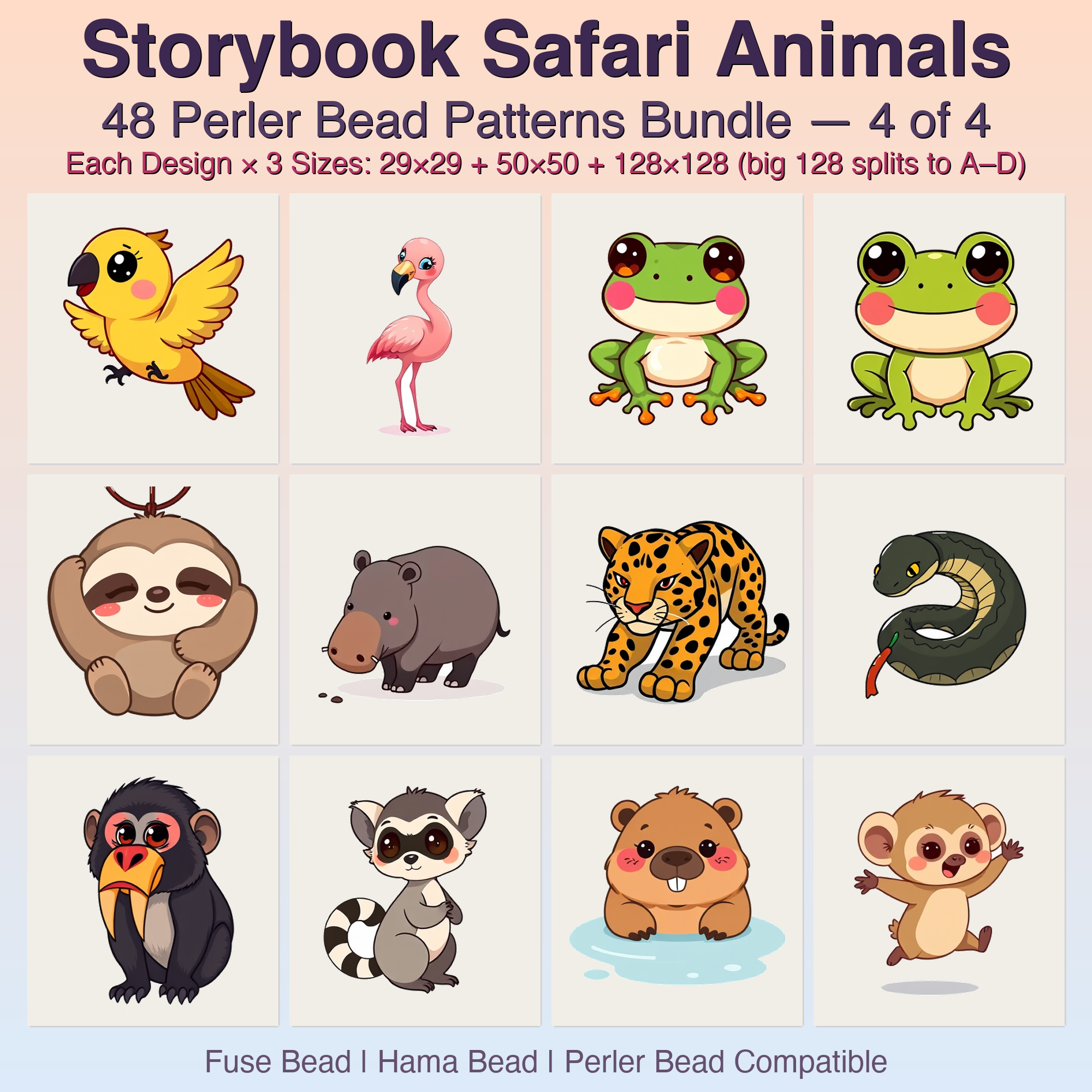 Storybook Safari Animals Perler Bead Patterns Bundle, 48 Designs (PDF Digital Download)