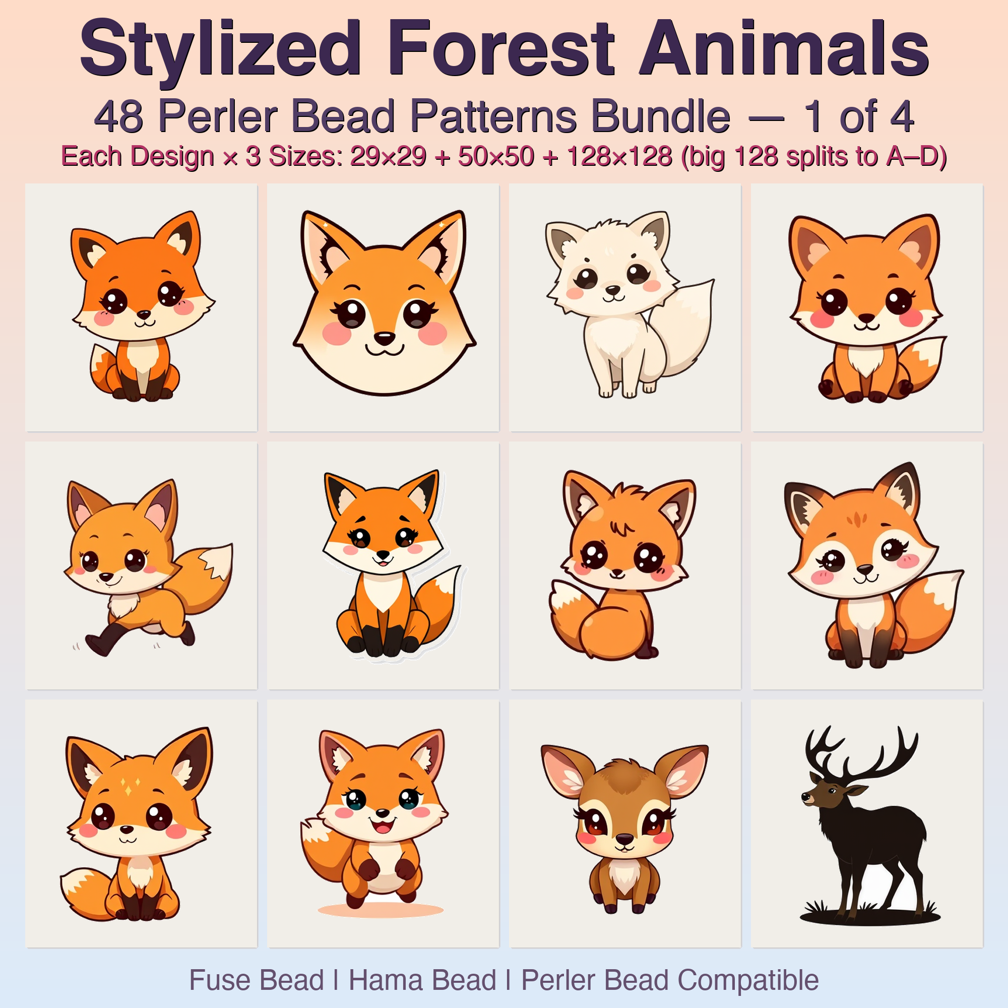 Stylized Forest Animals Perler Bead Patterns, 48 Designs x 3 Grid Sizes (29x29 + 50x50 + 128x128), Fuse Bead PDF Digital Download